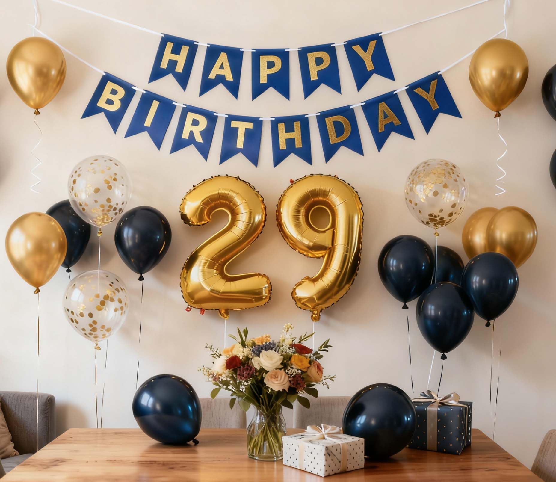 29th Birthday Decorations for Men, Navy Blue 29th Birthday Banner Gold Number 29 Foil Balloons Metallic Confetti Balloons 29th Birthday Party Supplies for 29 Years Old Him(29th)