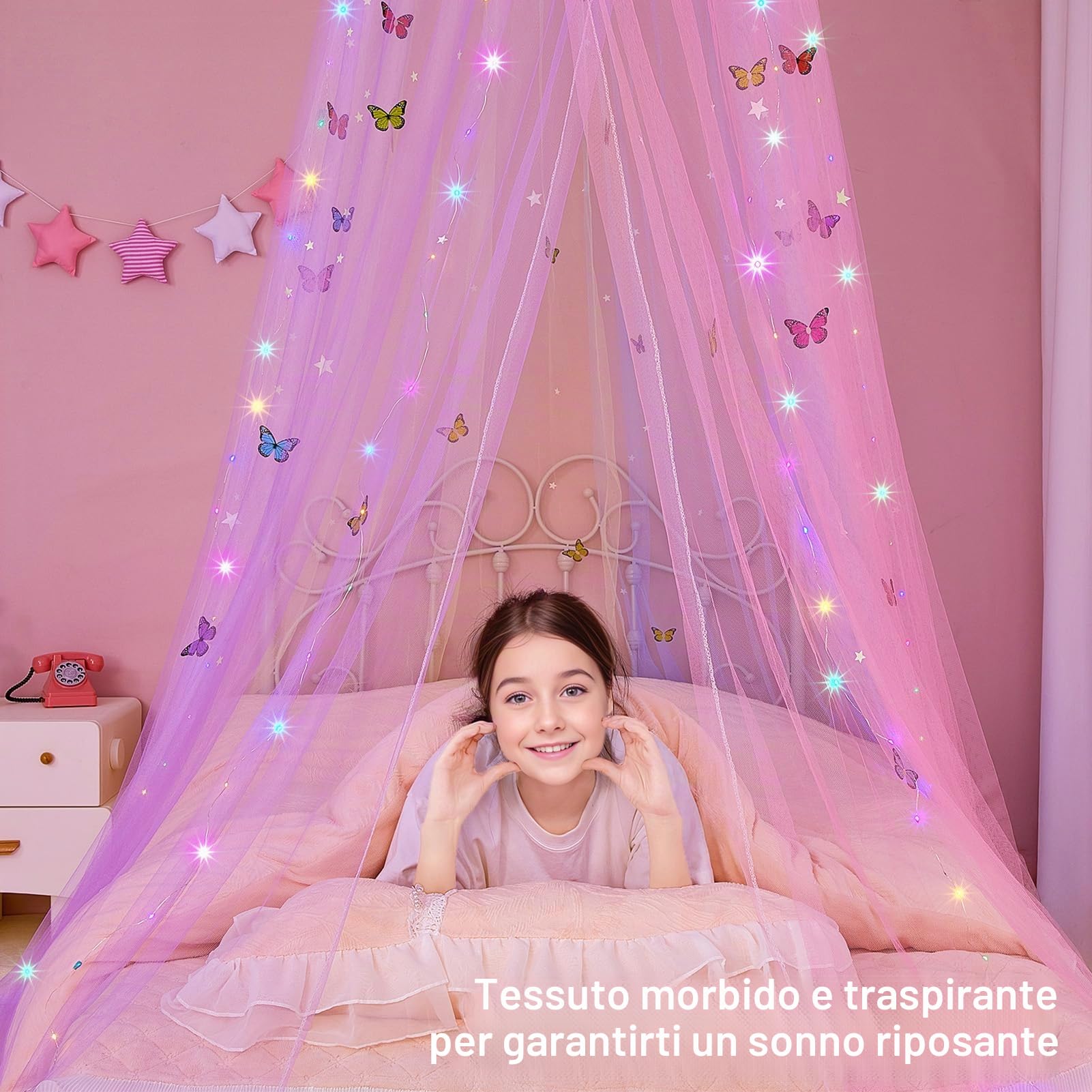 MHJY Tenda a baldacchino per camera da letto, con luci LED, zanzariera, fai da te, decorazione per la stanza delle principesse, con stelle e farfalle