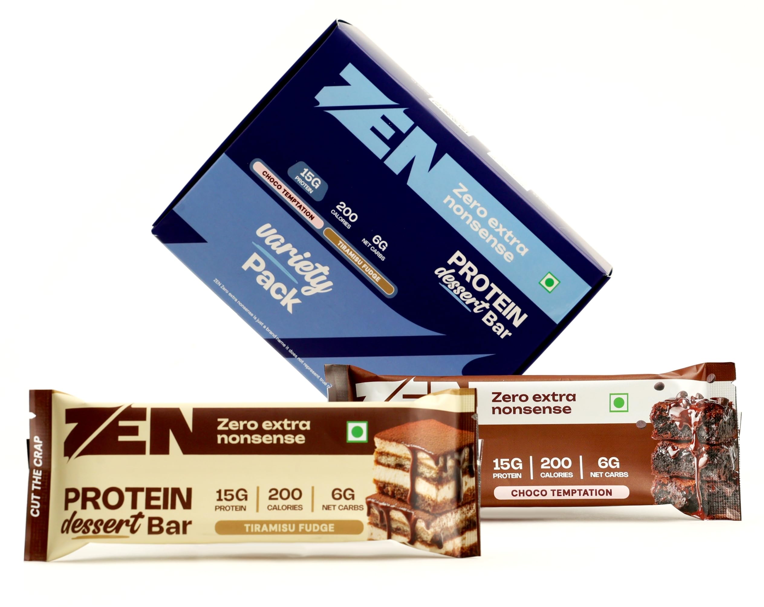 [BRSRGBADCMJR43D3] ZEN Protein Dessert Bar Tiramisu Fudge & Choco Temptation Pack of 6 (Pack of 3 Each) | 15g Protein, 13 gram Fiber, 200 Calories, 6g Net Carbs | No Added Sugar | No Palm Oil | Healthy Snack | 50g Each
