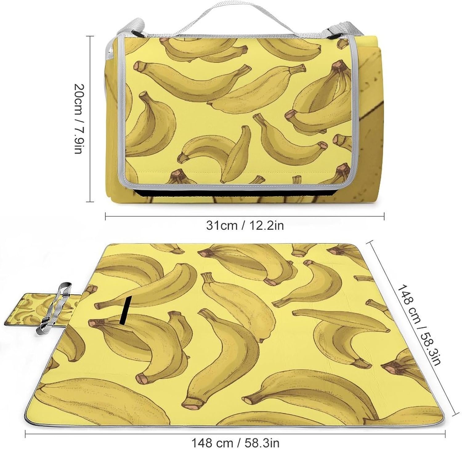 Banana Pattern Waterproof Picnic Blanket 58.3''x58.3'',Portable and Foldable Picnic Mat with Handle,Outdoor Blankets for Lawn Park Beach Travel
