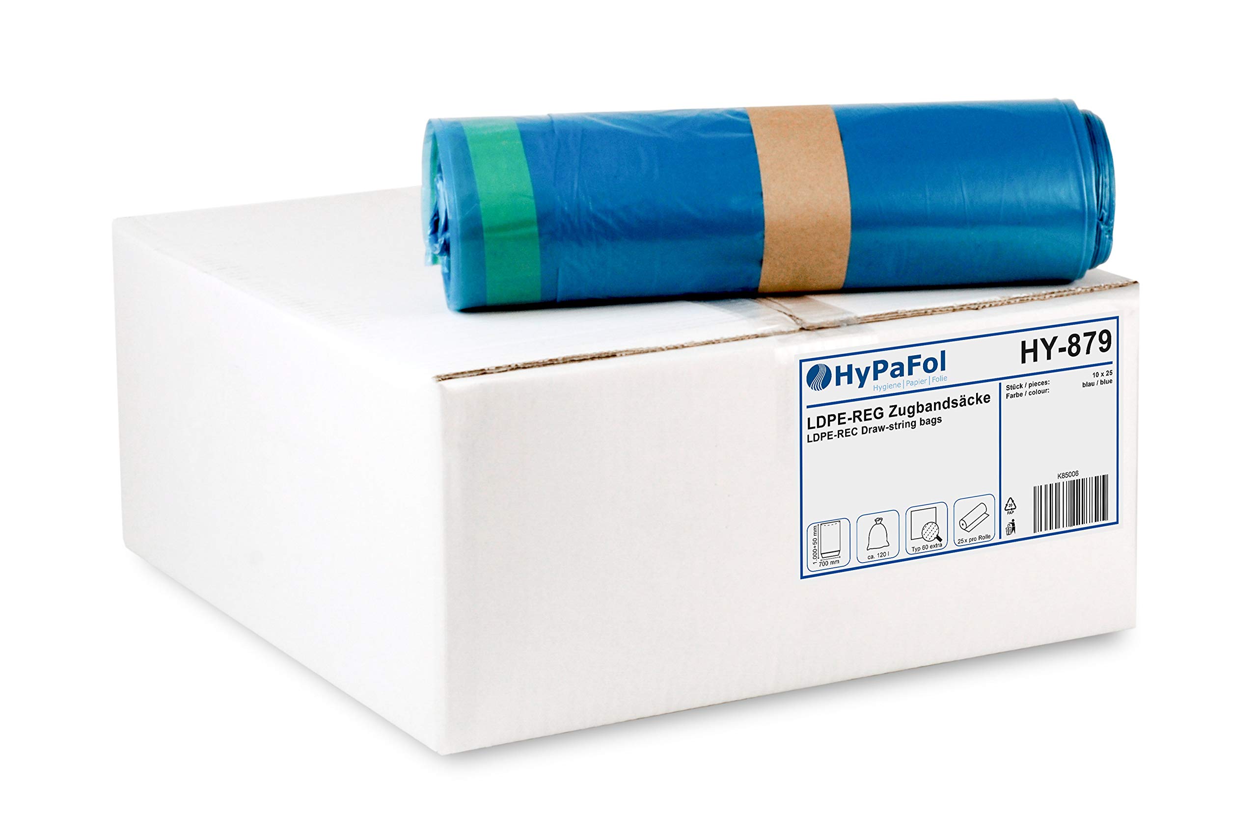 Hypafol Müllbeutel Typ 60 mit Zugband 120l – 250 blaue Schwerlastsäcke | 250 schwarze 120l Schwerlast-Müllbeutel mit Zugband. Stabil, reißfest – ideal für Haushalt, Garten & Industrie