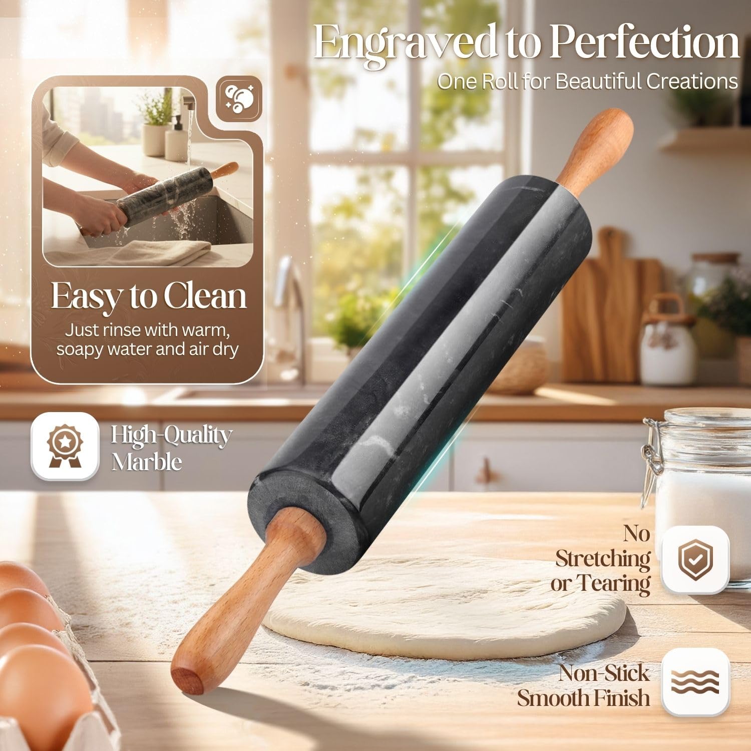 Flexzion Rodillo de mármol negro, 10 pulgadas con mango de madera y soporte de base de soporte, rodillo de mármol para hornear, pastelería, pizza, masa, fondant, galletas, corteza, pasta, panadería,