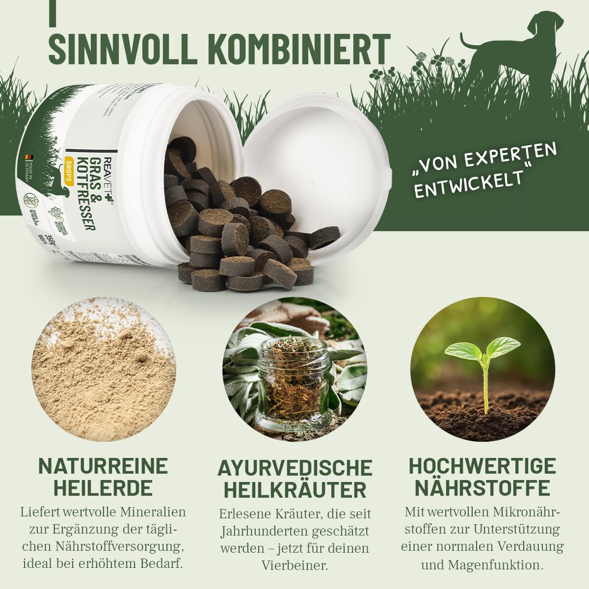 ReaVET Gras & Kotfresser Drops für Hunde – bei Fressen von Gras & KOT – beruhigt den Magen & reduziert Sodbrennen – Grasfresser Drops mit Heilerde, Ayurvedische Heilpflanze I 350g (180 Stück)
