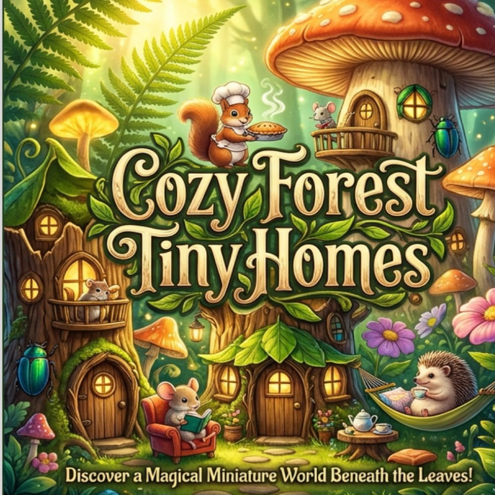 Cozy Forest Tiny Homes: A Cute Woodland Coloring Book for Adults and Teens featuring Whimsical Animal Dwellers and Miniature Cottages