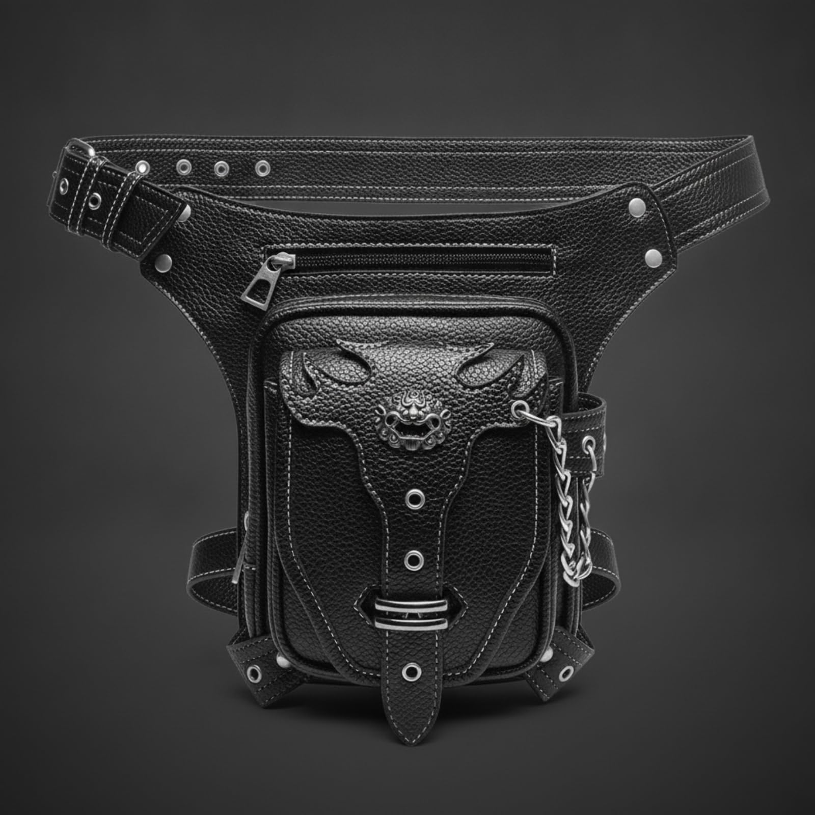 F Fityle Riñonera Resistente para Hombre con Acabado Cuero PU Negro y Placa corativa Metálica con Bolsillo y Correa con Múltiples Agujeros para