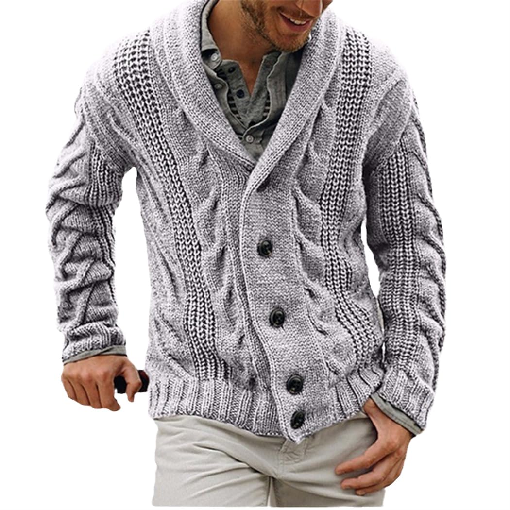 Wekumgy Men Winter Thick Cardigan Sweaters Fashion Shawl Collar Button Up Sweater Cable Knit Casual Open Front Knitwear Grey