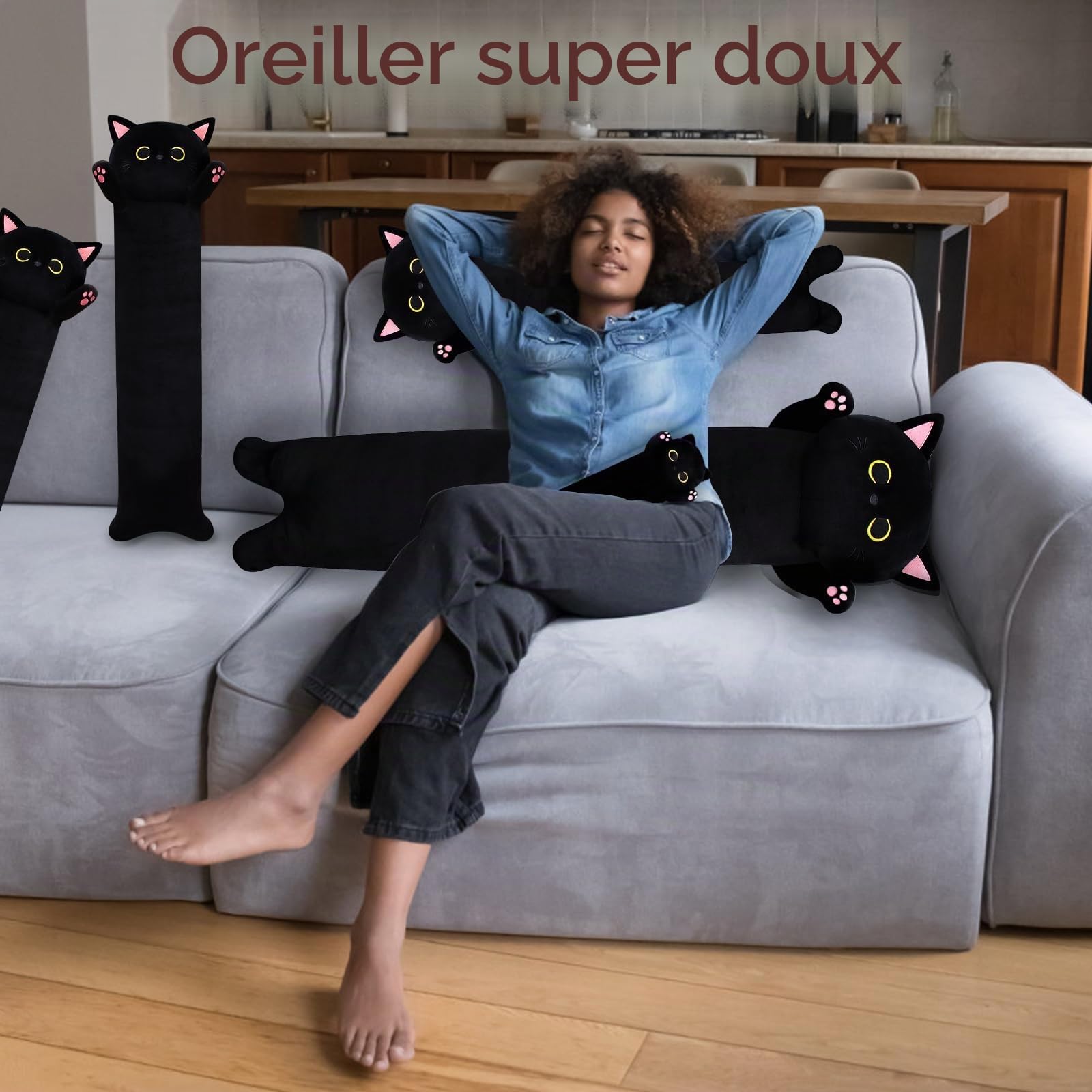 Coussin en peluche chat long 90 cm - Long chat - Jouet en peluche kawaii - Cadeau pour amis et enfants