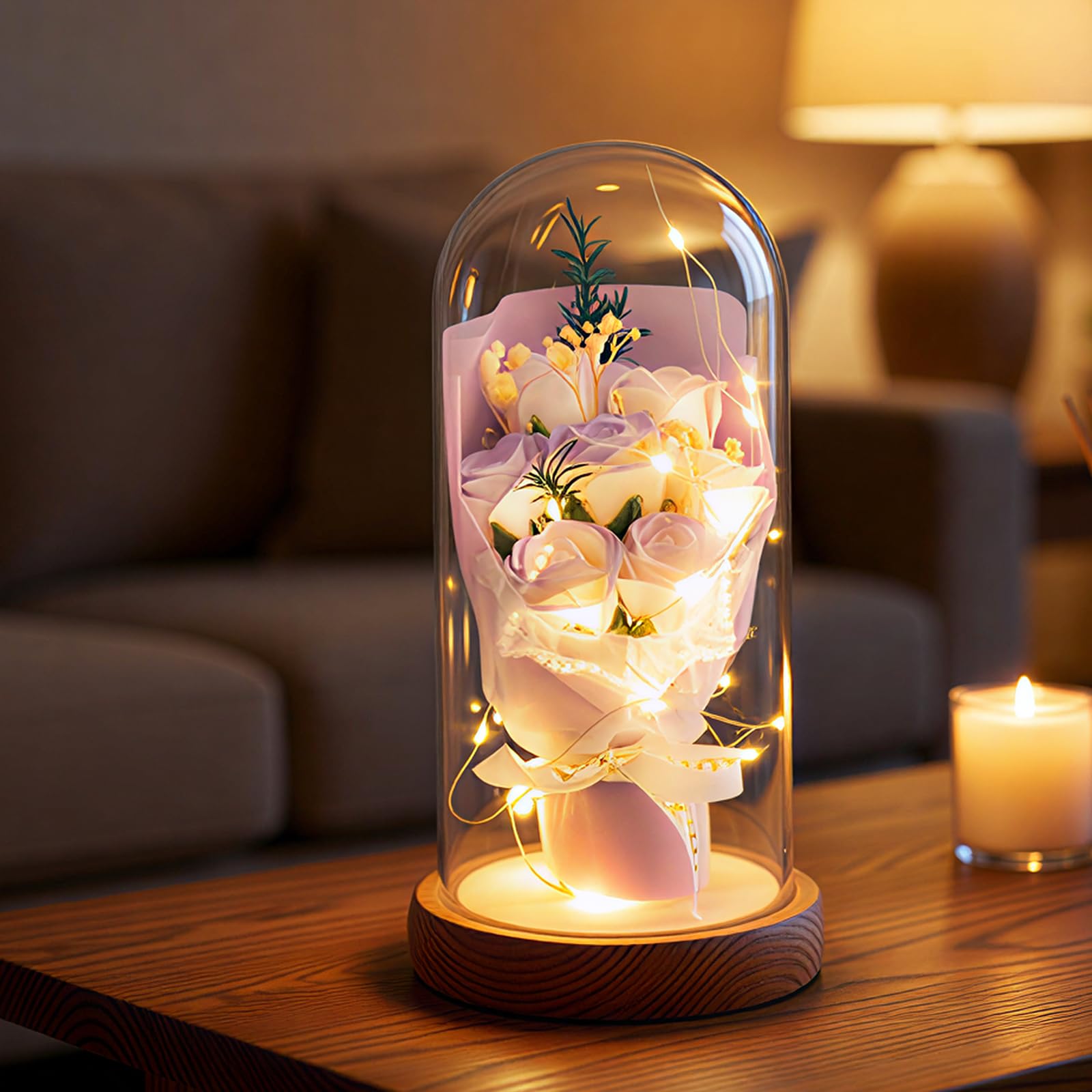 Artificial Eternal Roses in Glass Dome - 7 Silk Flowers with LED Lights, Solid Wood Base | Birthday Gifts for Mum, Grandma, Women | Elegant Anniversary & Home Decor (Upgraded Secure Packaging) — image 1