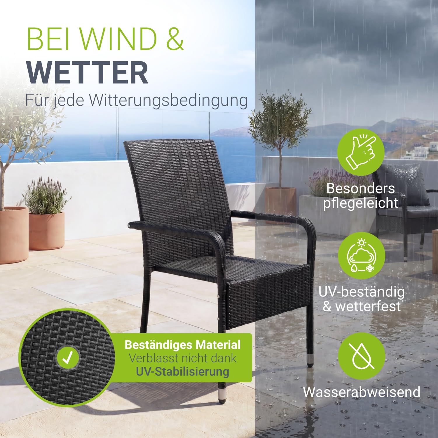 Juskys Polyrattan Gartenstühle Yoro 4er Set mit Armlehnen & Rückenlehne - 4 Stühle stapelbar - Rattan Stuhl Garten - Stapelstuhl Schwarz