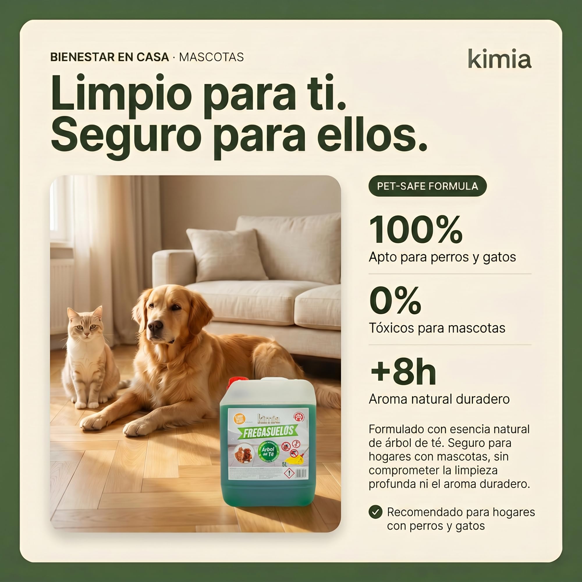 KIMIA Fregasuelos Profesional 5L Limpiasuelos Mascotas Repelente Insectos Concentrado Esencia de Árbol de Té Multisuperficie