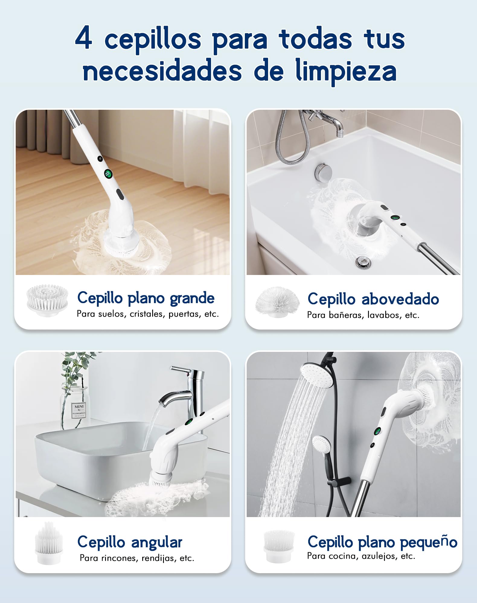 Cepillo Electrico Limpieza Hogar con 4 Cabezales Intercambiables, 2 Velocidades, Cepillo Giratorio Recargable con 2500 mAh Batería, IPX7 Impermeable, Mango Telescópico para Baño, Cocina, Suelos