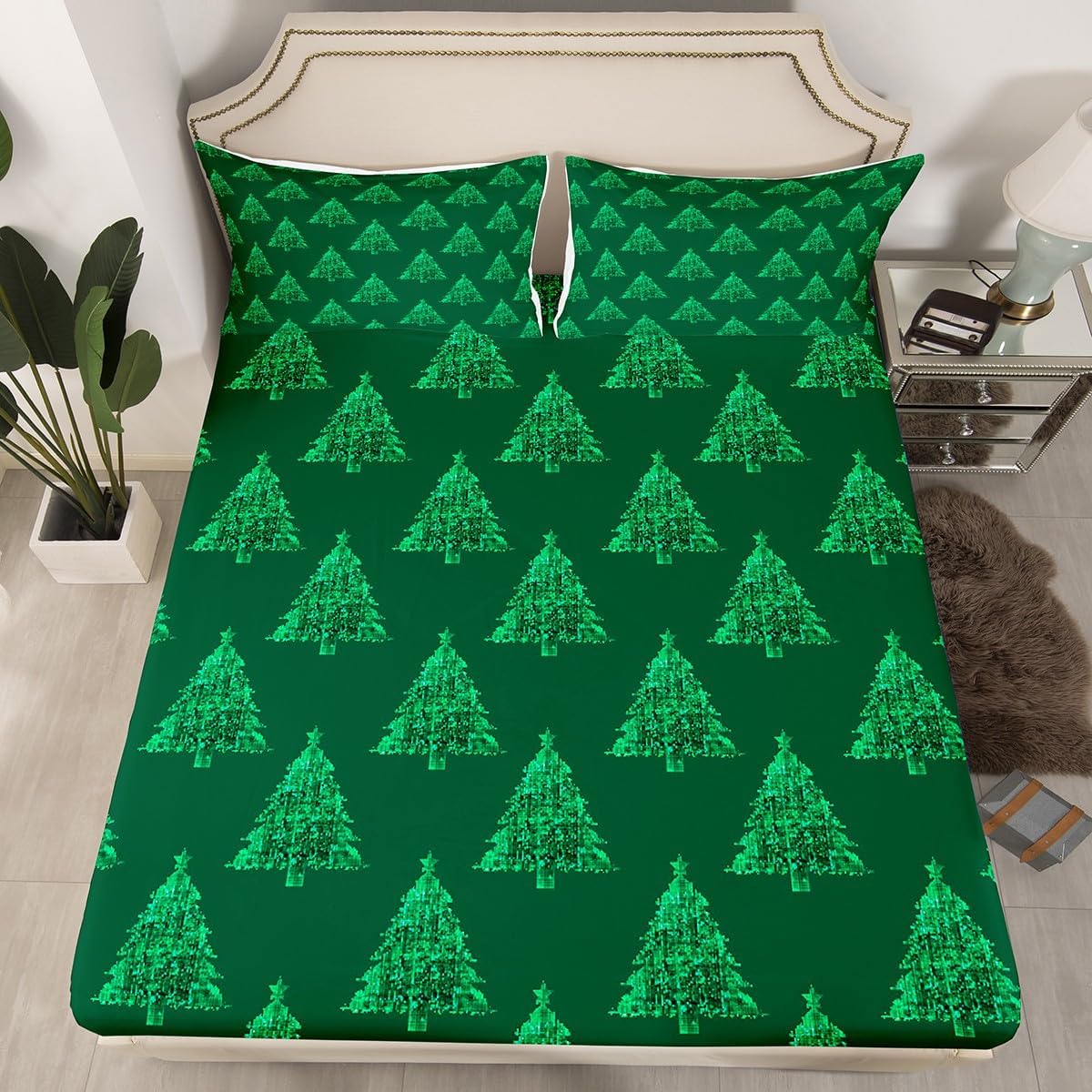 Erosebridal Christmas Bedding Sheets Full Dark Green Christmas Tree Bed Sheets Winter Xmas Pine Tree Fitted Sheet for Adults Men Christmas Holiday Bed Cover New Year Room Decor 2 Pillow Cases