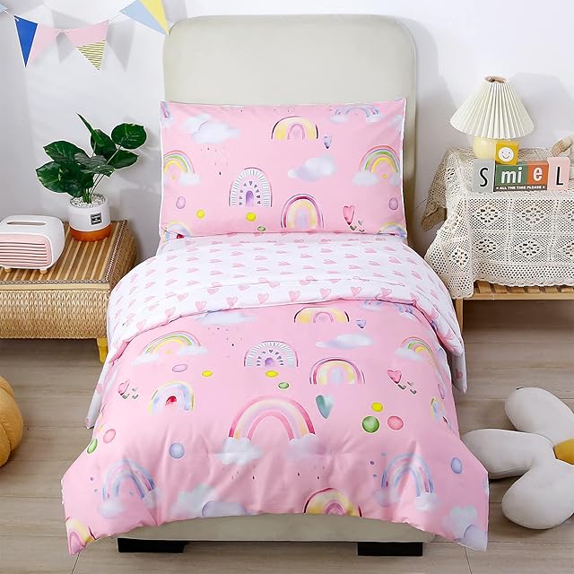 STYHO Rainbow Print Duvet Cover Sets Hearts Pattern Girls Bedding Set Ultra Soft Lovely Reversible Pink Quilt Cover Set for Kids Children(Pink, Double)