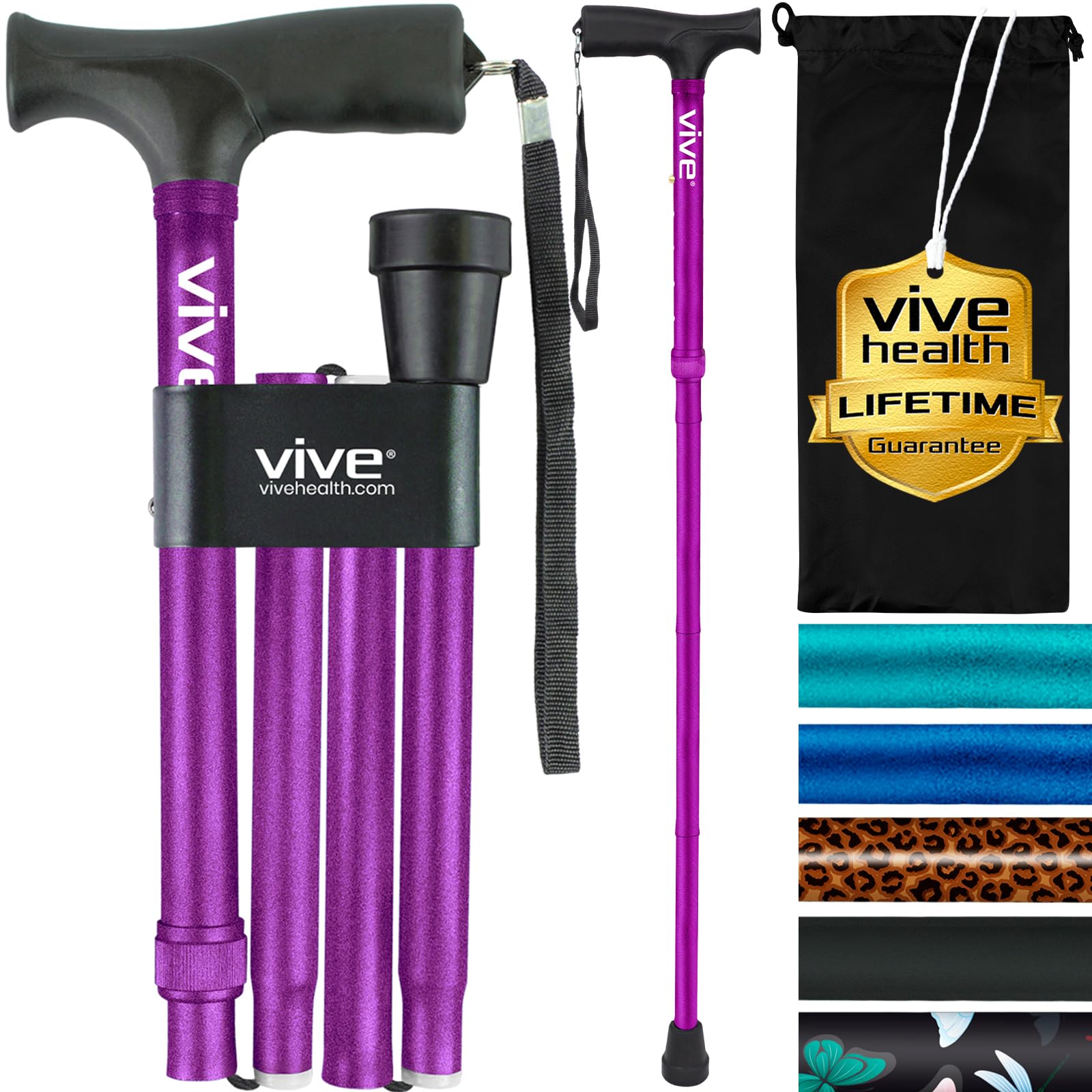 Vive Folding Cane - Lightweight Foldable Walking Stick for Men & Women - Adjustable & Durable for Portable Travel- Collapsible Balancing Mobility Aid - Sleek Ergonomic & Comfortable Handles