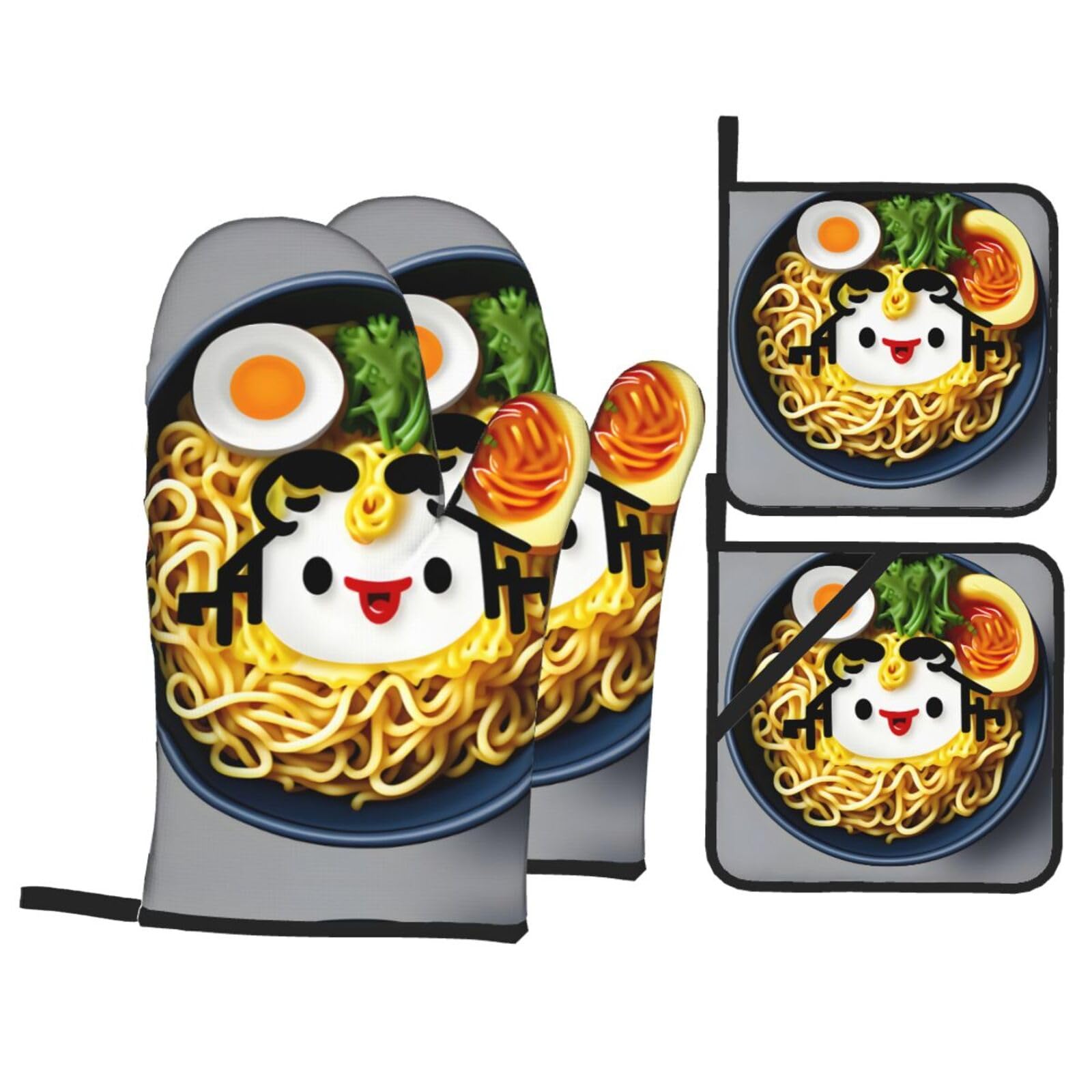 Egg Cup Noodle Ramen Print Oven Microwaving Waterproof Kitchen Gloves for Baking Grilling Holiday Cooking