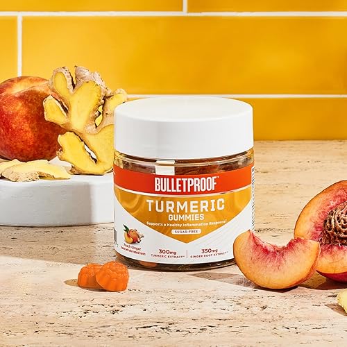 Miniatura 4 de Bulletproof Gomitas de cúrcuma de melocotón y jengibre sin azúcar, 60 unidades, suplemento keto para apoyo de respuesta articular e inflamación,