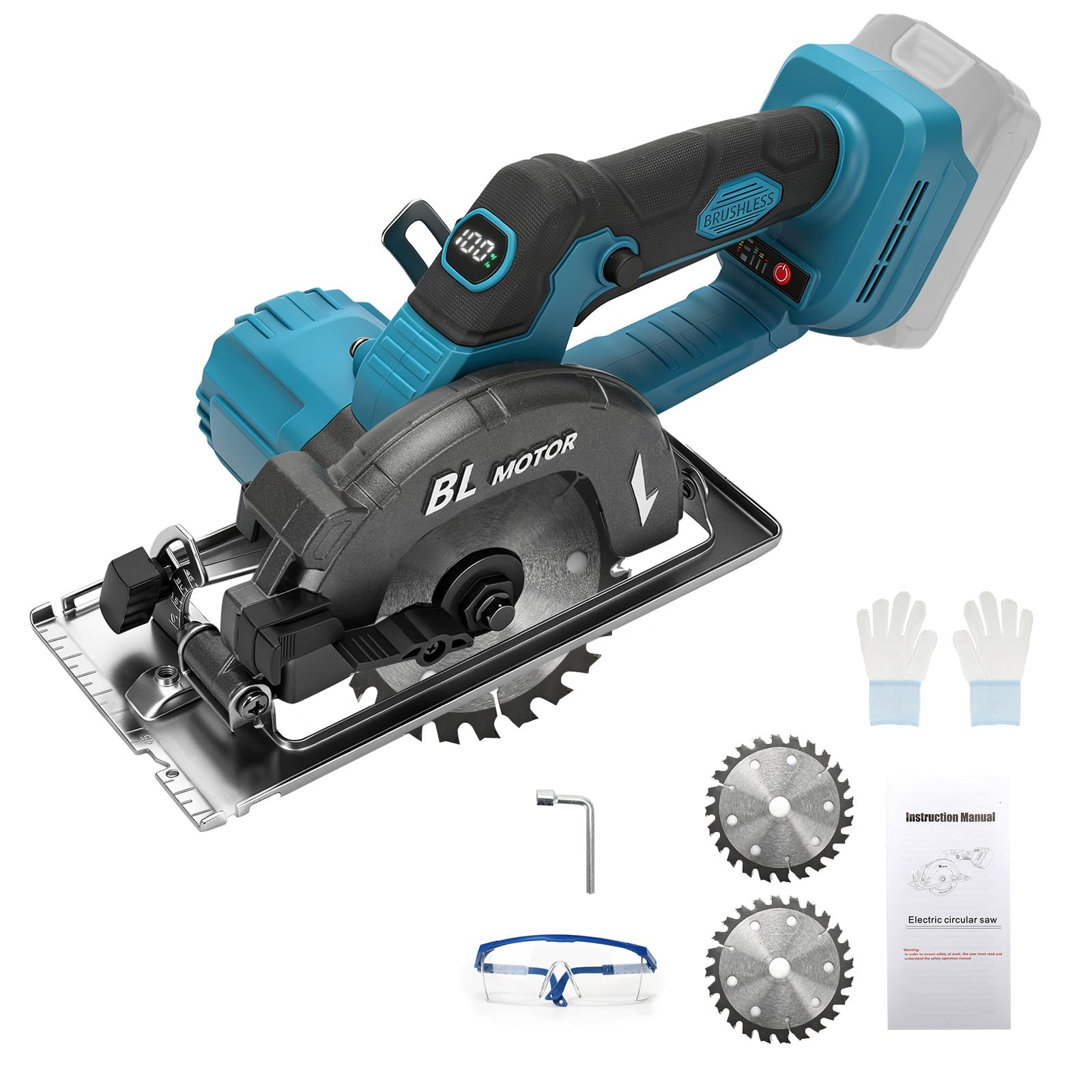 Sierra Circular a batería 140 mm para Makita 18V (sin batería) | 6000 rpm, 3 niveles, sin escobillas, inclinación 45°, corte 51 mm, pantalla digital, 2 hojas, guantes