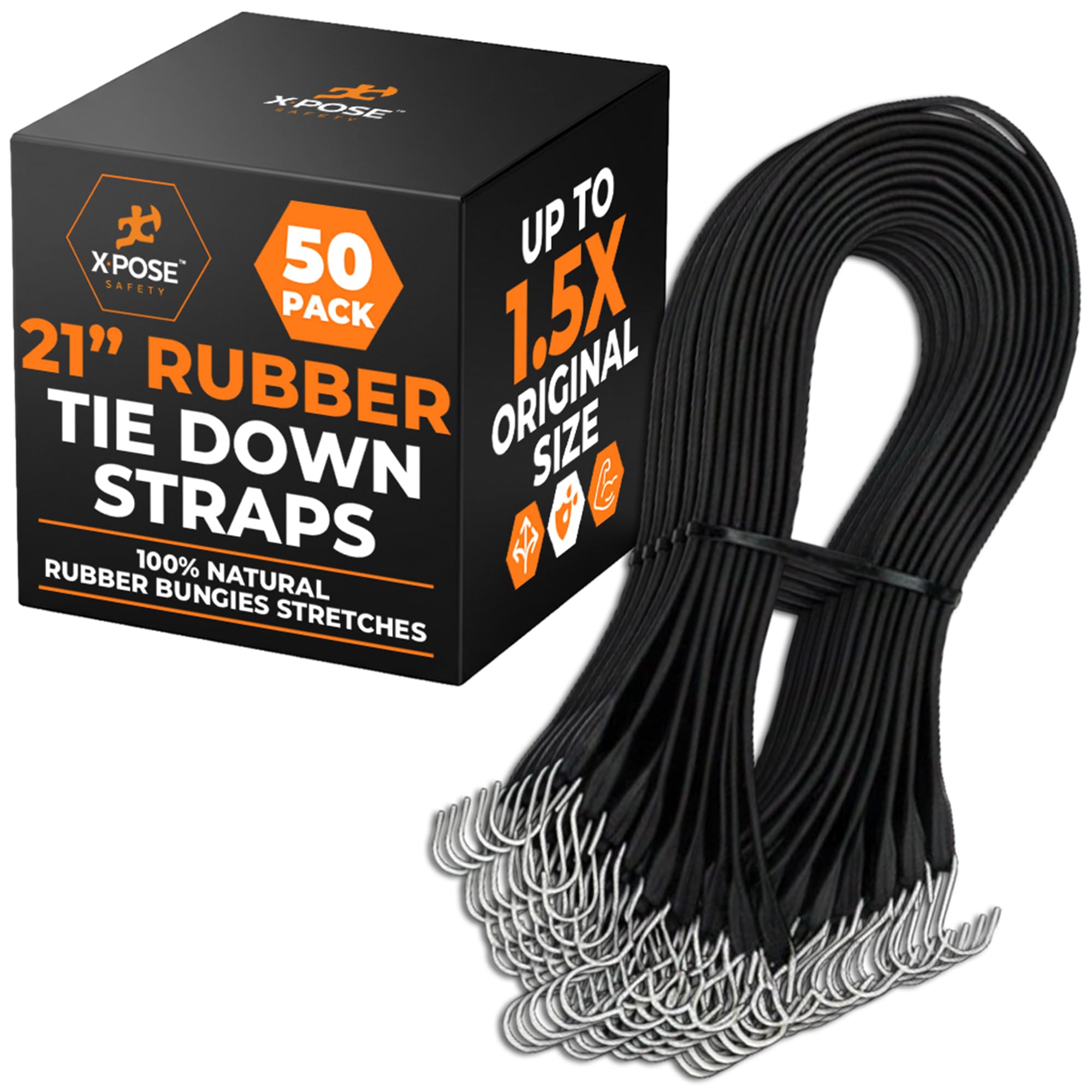 Xpose Safety Gummi-Bungee-Seile mit Haken, 50 Stück, 53,3 cm (max. 81,3 cm), strapazierfähig, schwarz, Spanngurte für Outdoor, Planenabdeckungen, Segeltuch, Motorrad und Ladung – von Xpose Safety