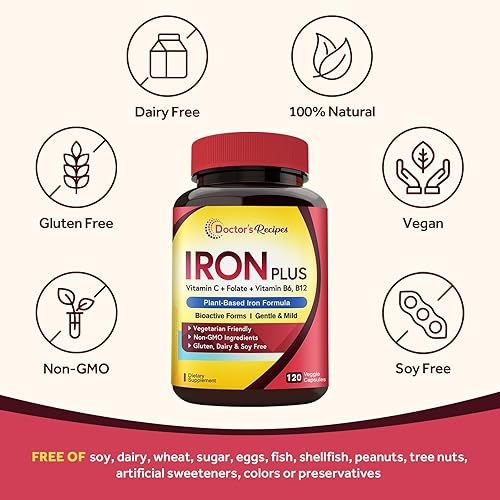 Vista 17 de Doctor's Recipes Suplemento de hierro, bisglicinato de hierro con vitamina C, B6, folato y B12, no estreñimiento, apto para el estómago, pastillas