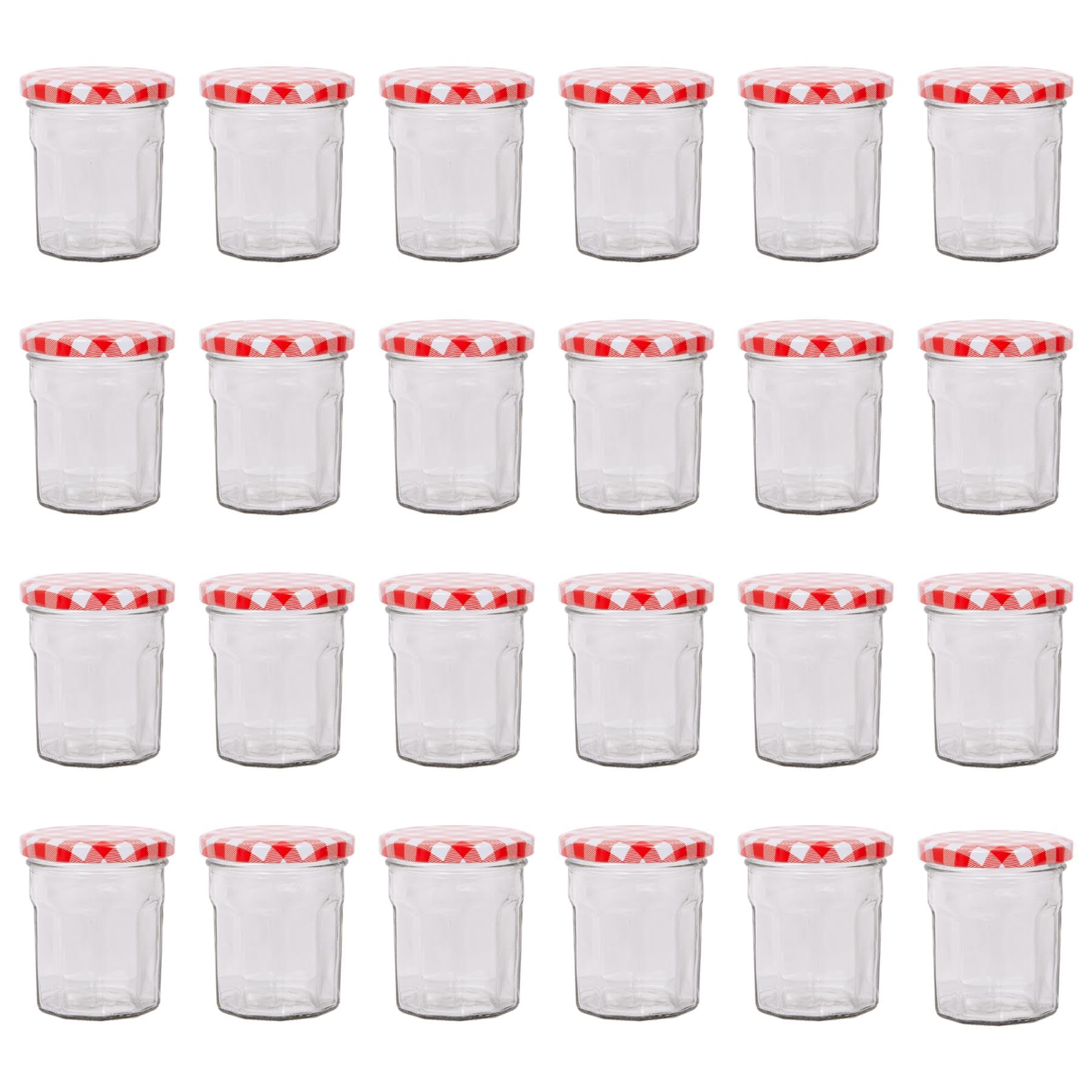 Argon Tableware Glass Jam Jars with Airtight Red Gingham Lids - 150ml - Pack of 24 - Empty Screw Top Kitchen Storage Jar for Food, Honey, Spice, Pickling, Preserving, Candle Making