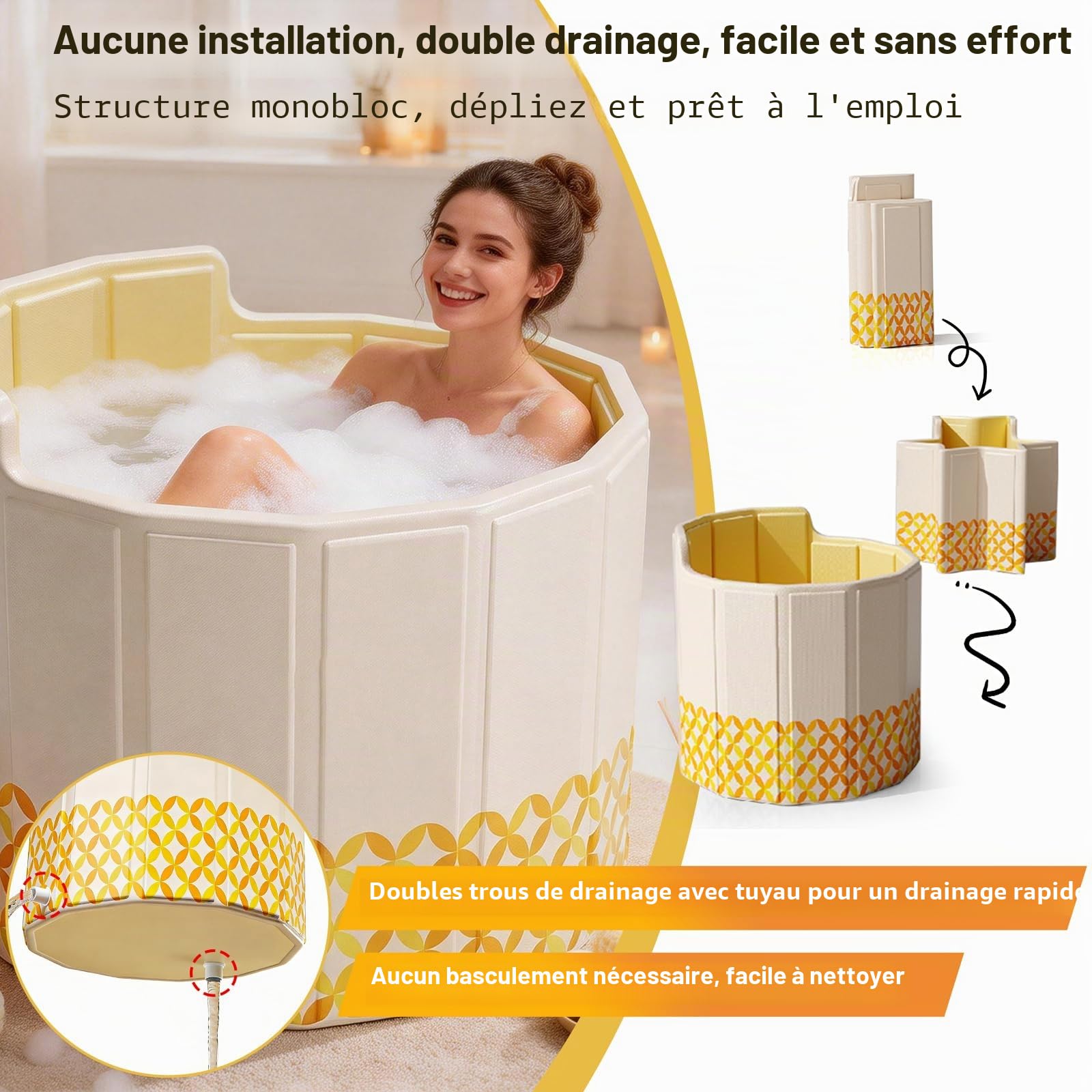 80 cm Baignoire Pliable Adulte avec Dossier, Baignoire de Douche Portable, Bain Froidet et Chaud, Aucun Assemblage Requis, pour Spa, Sauna, Inclut Coussin, Tuyau de Vidange, Set de Sacs de Bain