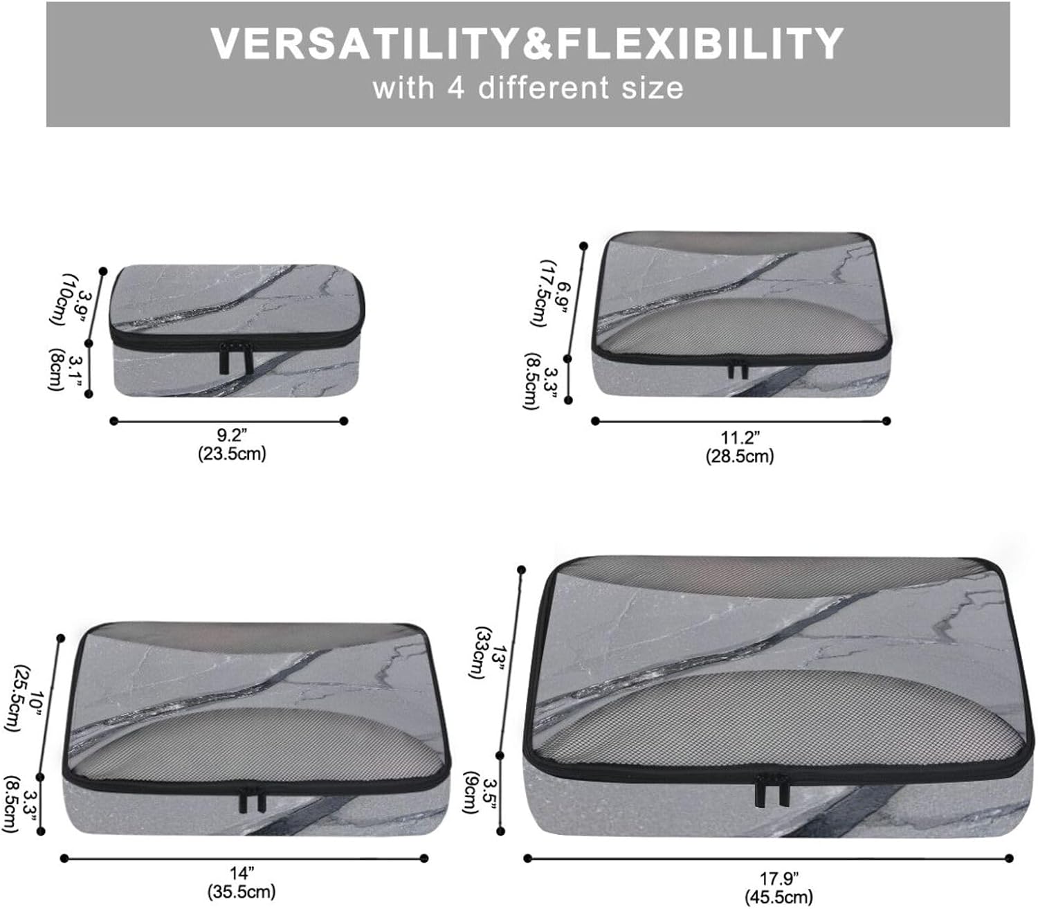 Fake Glitter Marble Grain Grey 4 Pcs set suitcase organizer bags Mesh Travel Essentials portable compression packing cubes