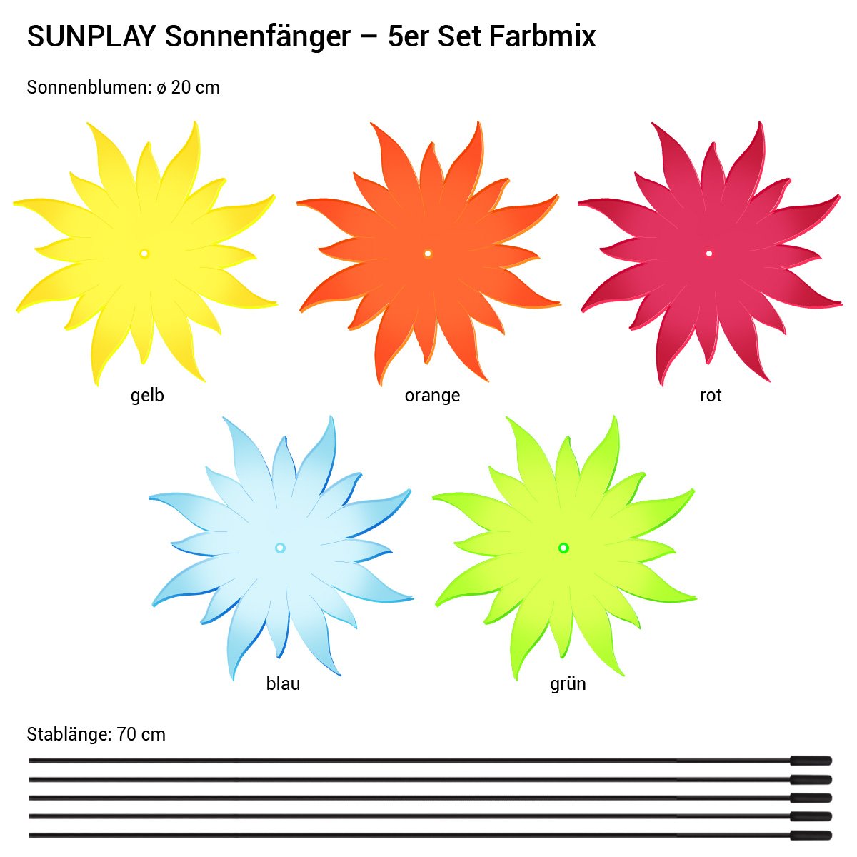 SUNPLAY Sonnenfänger - Sonnenblumen 5er-Set - Blau, Gelb, Grün, Orange, Rot - Ø 20 cm Durchmesser + Schwingstäbe