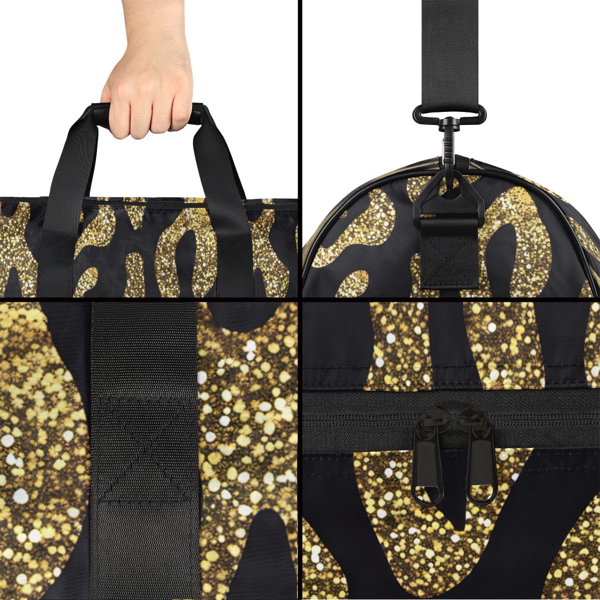 Glitter Animals Leopard Print Travel Duffel Bag Sports Tote Gym Bag with Wet Pocket & Shoes Compartment Foldable Weekender Workout Bags Carry on Luggage Handle Overnight Bags for Women