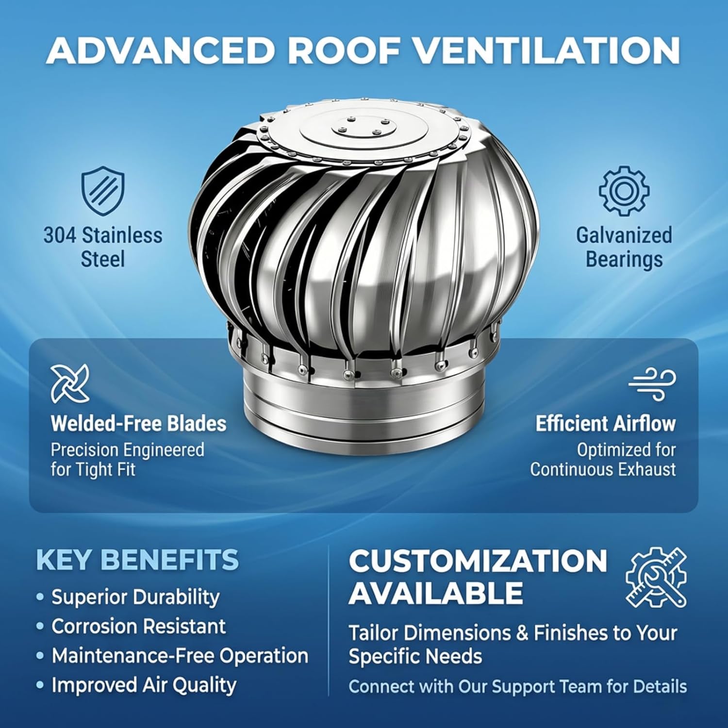 Stainless Steel Turbine Roof Ventilator, 304 Grade Metal Wind Turbine Cap, 4.3" 7.9" 11.8" Inch Attic Exhaust Vent, Rainproof Silent Operation (200mm (7.9 inches))