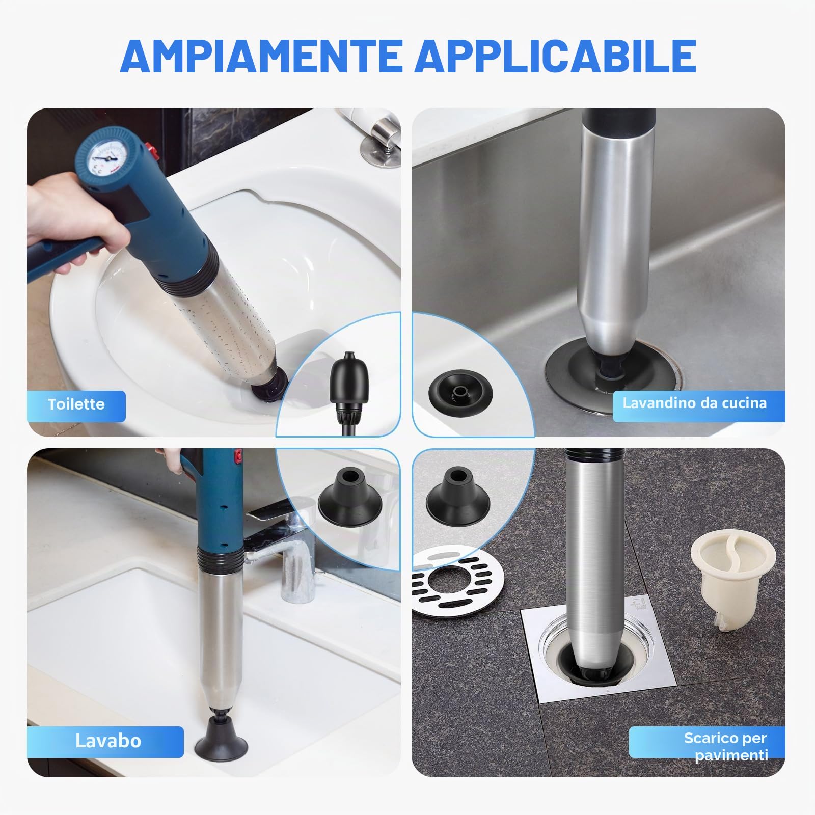 Potente sbocco per WC elettrico con testa girevole a 360°, pompa sbocchi con 3 teste sostituibili, sboccatore a pompa per sbloccare WC vasche da bagno lavelli e canalisatio