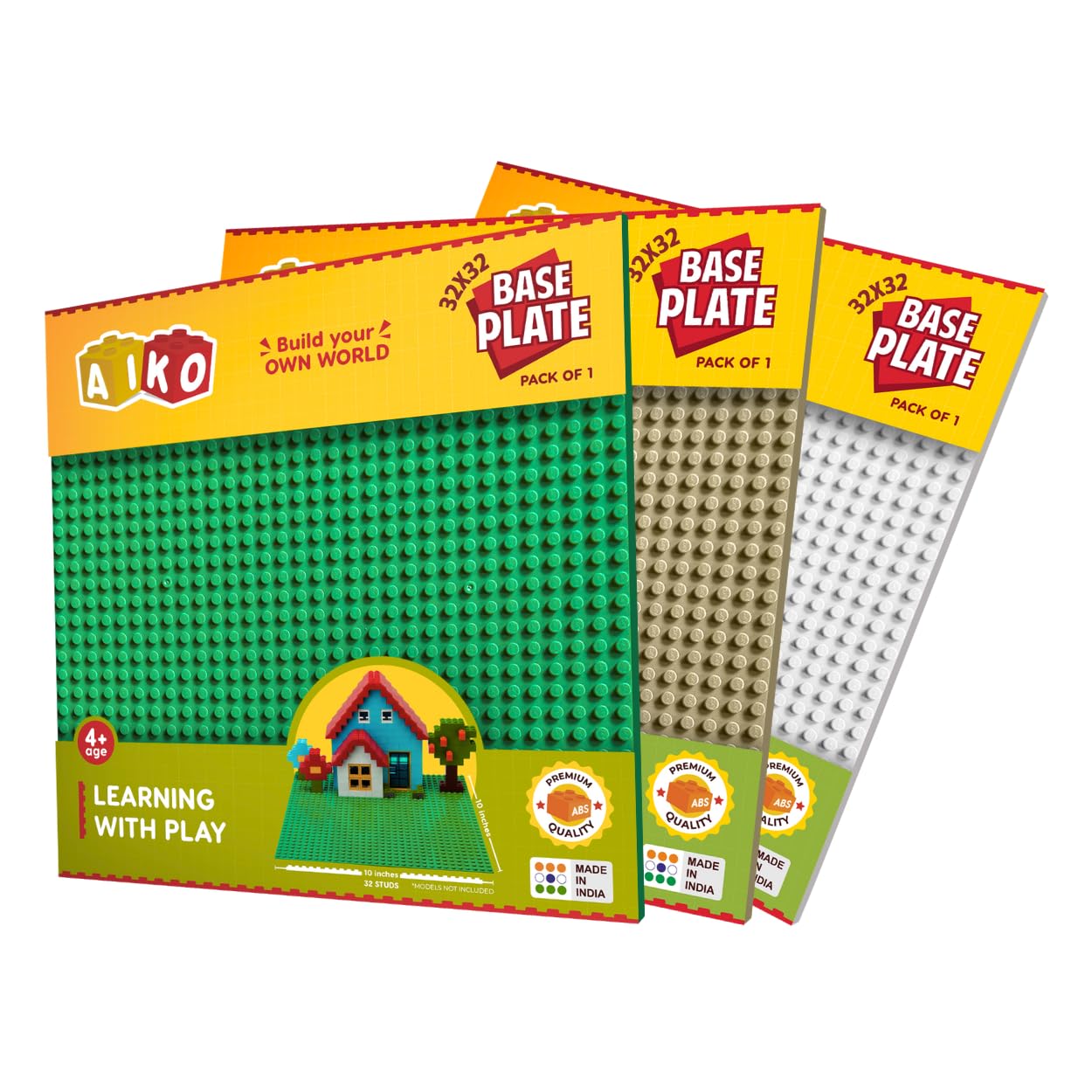 AIKO Classic Base Plate 32 x 32 Studs (10" x 10") | ABS Plastic Building Base | Compatible with Major Block Brands | Ideal Gift for Kids 4+ | Pack of 3 (Green, Beige, White)-image-26