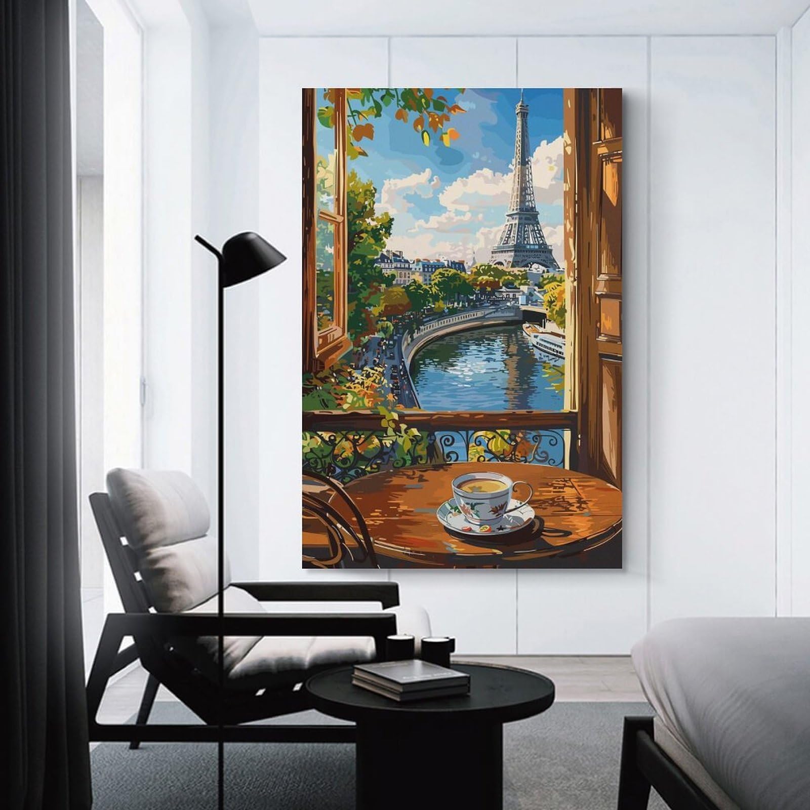 Junmoney Wall Art Print Parisian View with Coffee Cup, 20x30inch(50x75cm), for Contemporary Homes, Apartments Or Offices, An Easy Choice for New Home Styling