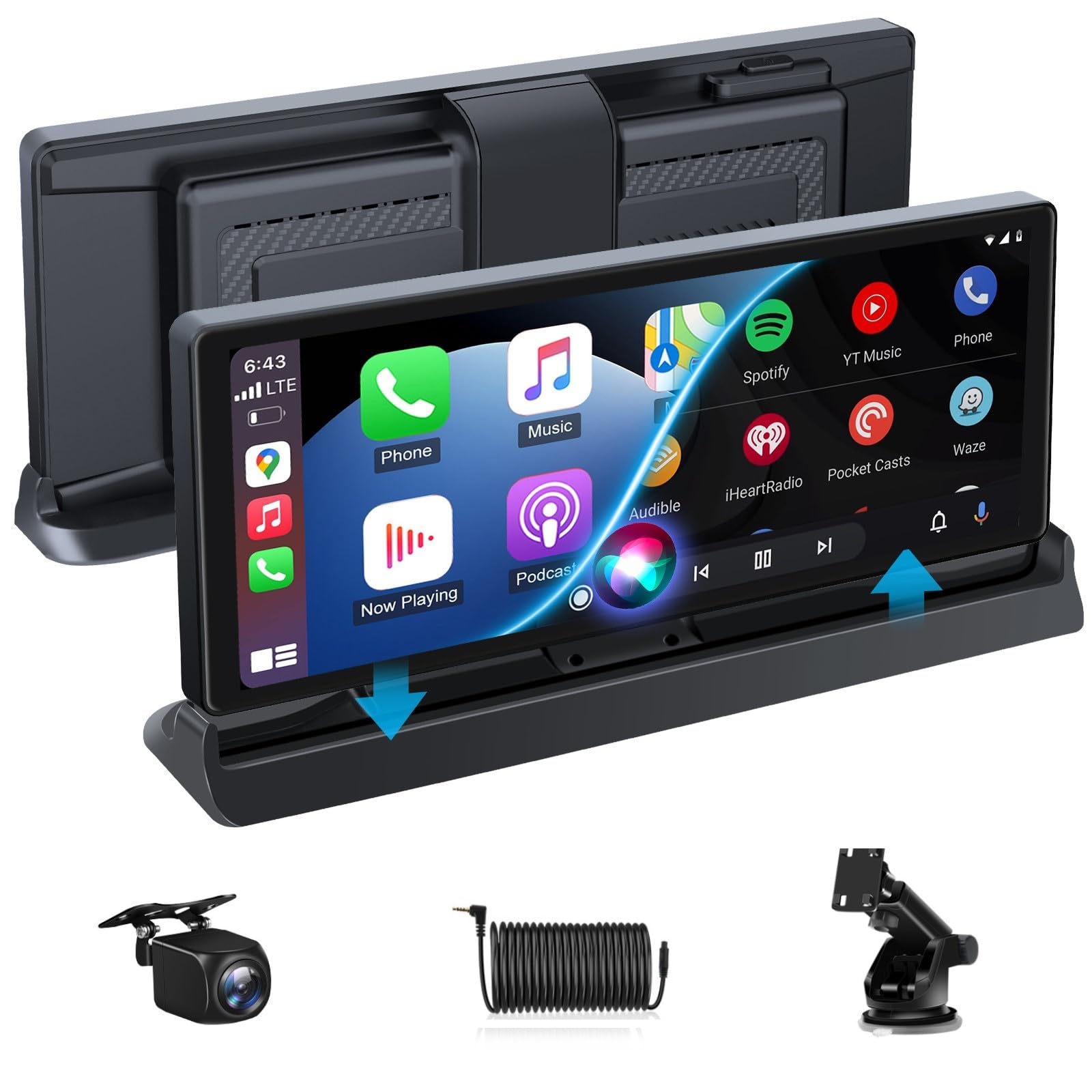 10,26 Pulgadas Carplay Android Auto,Pantalla Carplay Coche con Soporte de pie,Assistant de Voz Goo-gle y Siri,1080P Cámara Trasera Incluida,Navegación GPS,Super Mirror Link