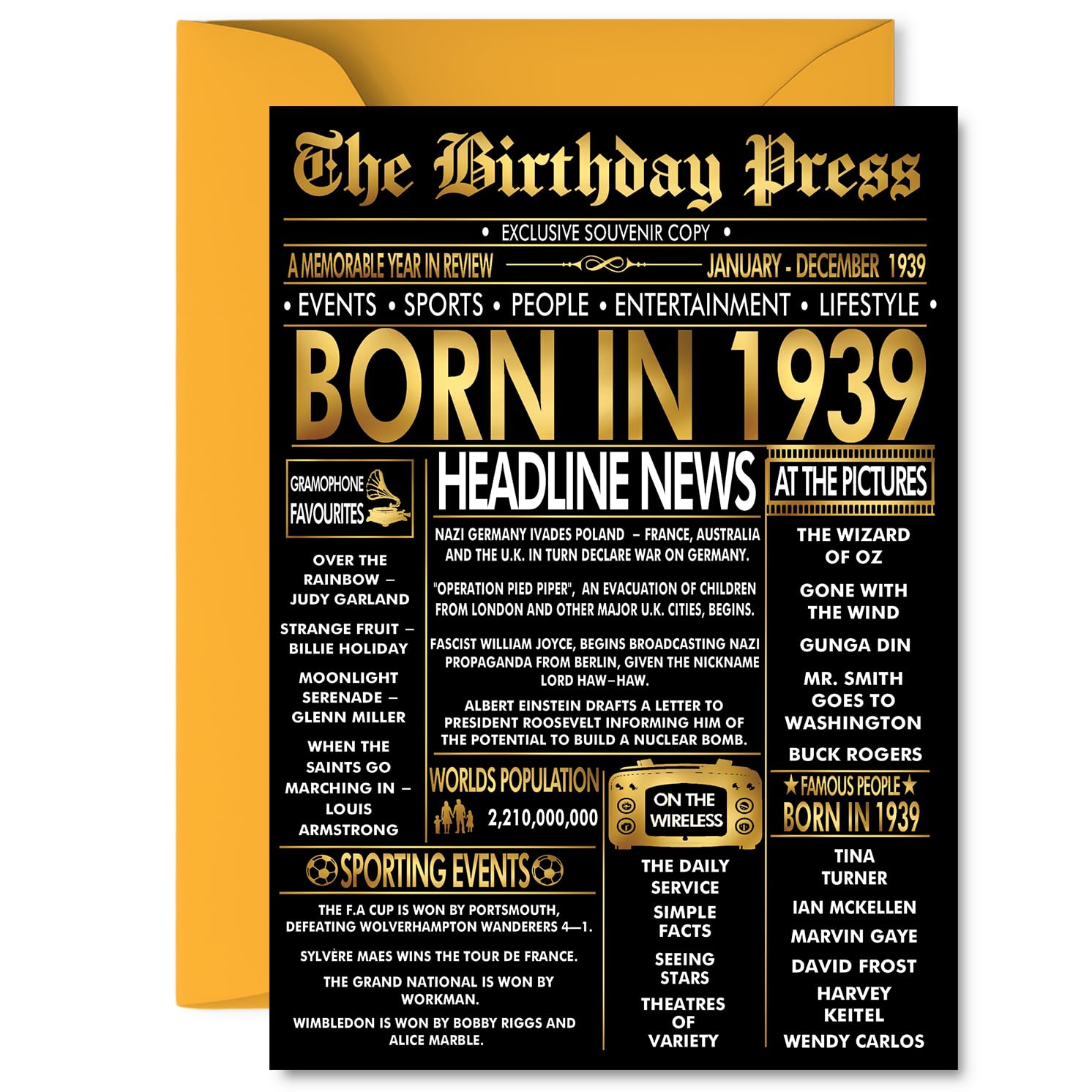 Gold 87th Birthday Card for Men Women - Black & Golden Newspaper Born in 1939 - Happy 87 Birthday Cards for Nanny Uncle Grandma Husband Dad Nan, 5x7 Inch Bday Greeting Cards