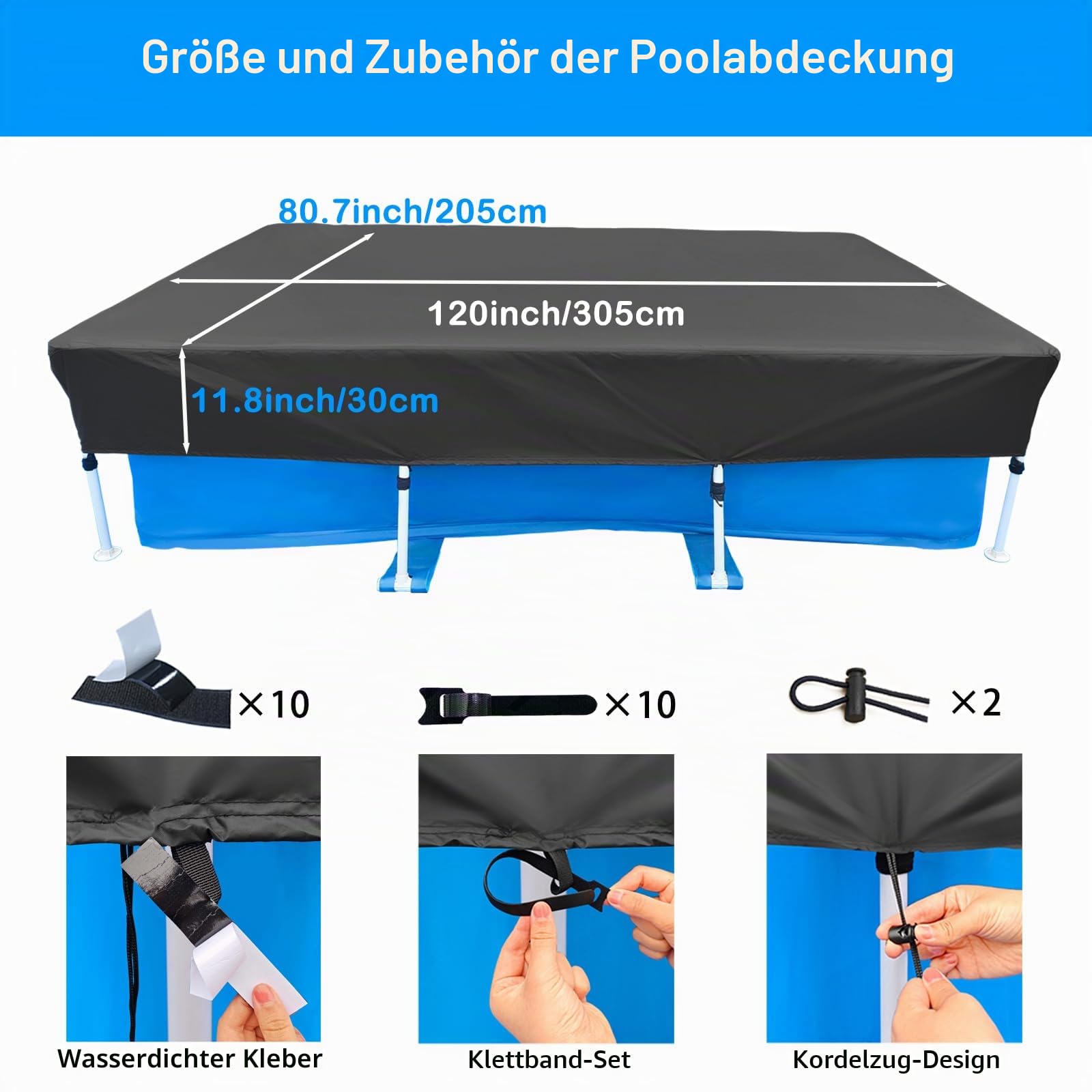 300 x 200 cm Pool Abdeckung Rechteckige 3 x 2 m Sommer & Winter Solarplane Schwimmbadabdeckung mit Schnüre Design für Oberirdischen Pool Staubdicht Wasserdicht