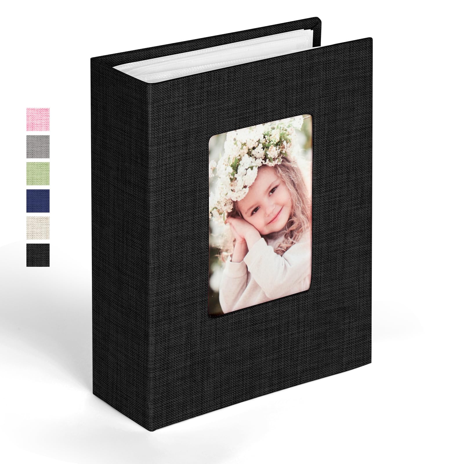 Ainiv Photo Albums 6x4 100 Pockets, Slip in Top Loading Mini Linen Album Book, Large Capacity Picture Albums with Personalized Cover Window for Wedding Anniversary Family Baby Vacation (Black)