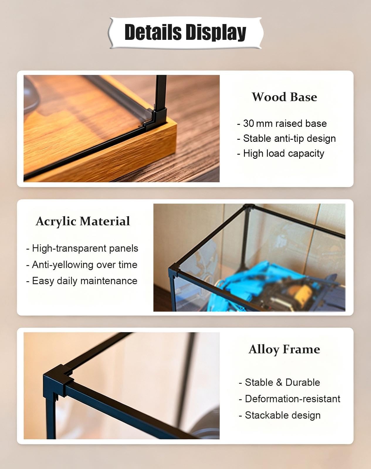 Vitrina Metacrilato Cajas Almacenamiento Transparentes con Base de Madera