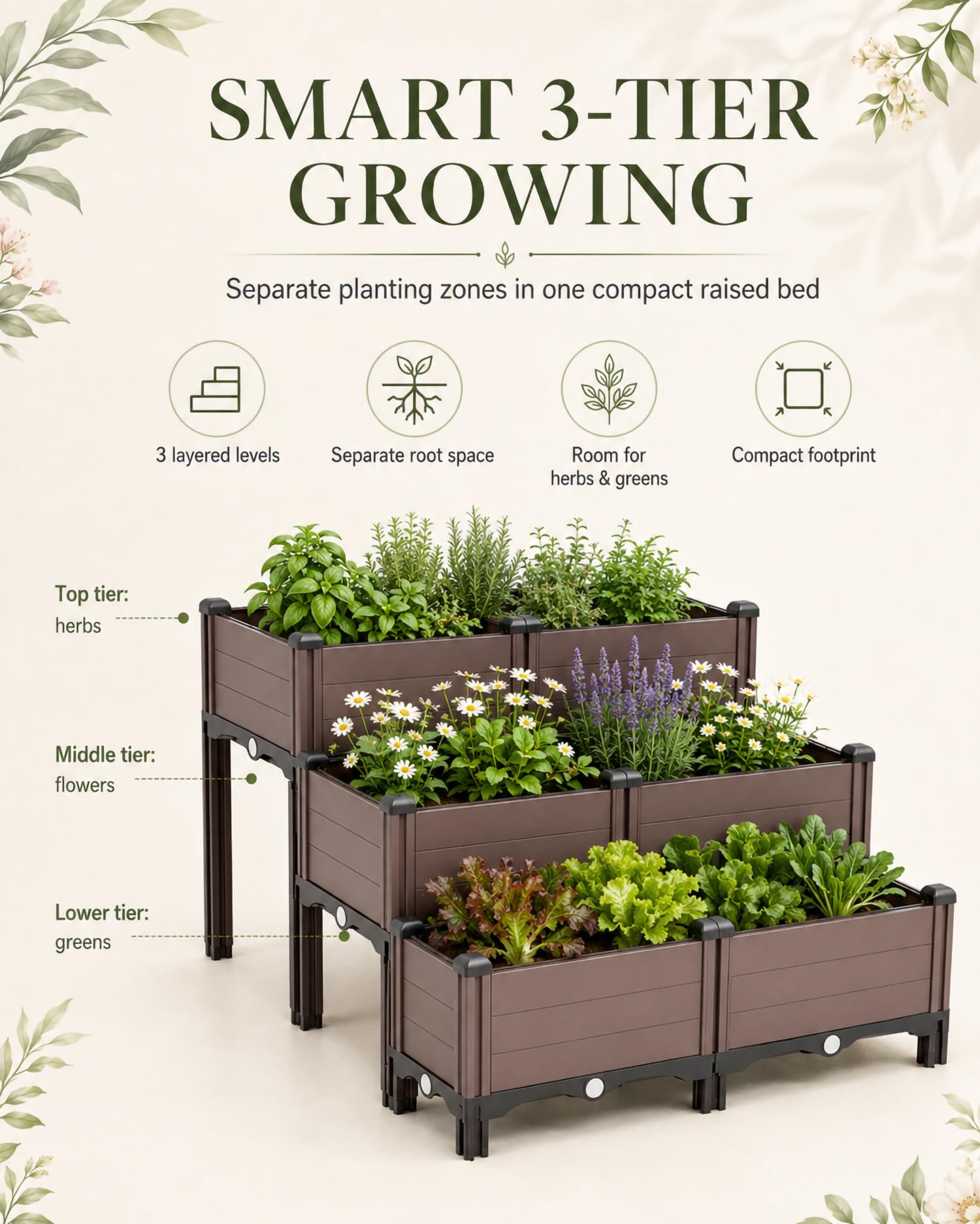 Huerto Urbano para Balcón Y Terraza, Mesa De Cultivo En PP De 3 Niveles con Drenaje, Jardinera para Verduras, Hierbas, Flores Y Plantas Pequeñas Al Exterior,90 * 60 * 33cm/35 * 23 * 12in