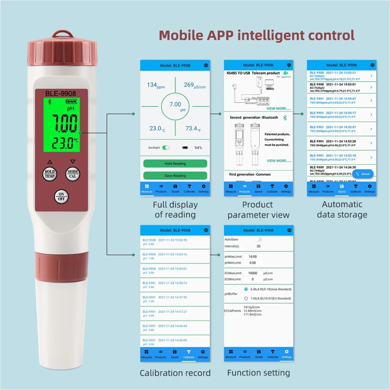 Testeur de pH/EC/TDS/Temp Bluetooth, Application de contrôle Intelligent de la qualité de l'eau, ATC for Aquariums d'eau Potable