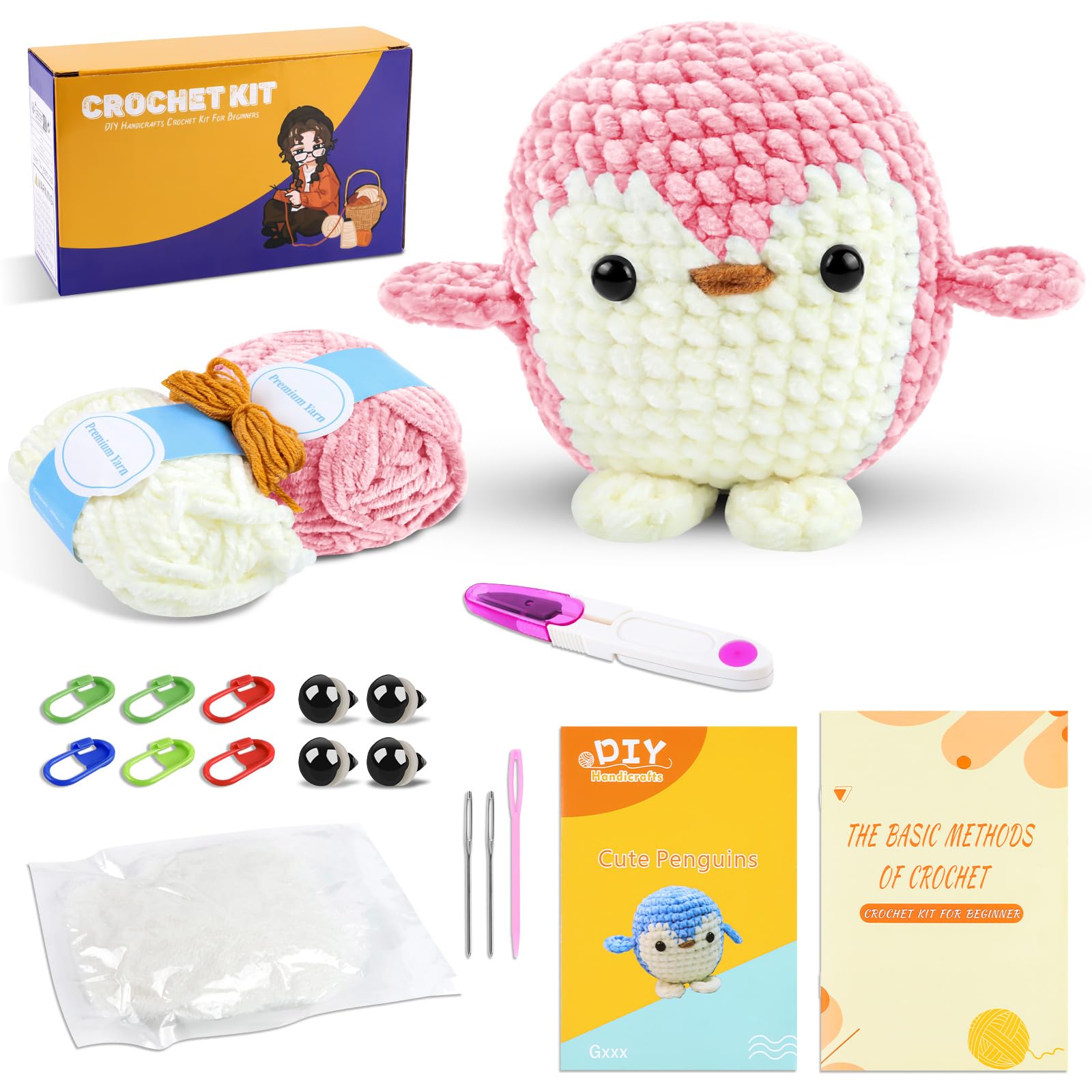 iuqiepo Beginners Crochet Kit, Animal Crochet Kit, Crochet Kit for Beginners, Step-by-Step Video Tutorial, Crochet Kits for Beginners Adults, Crochet Kits - DIY Gift Penguin (Bright Pink)