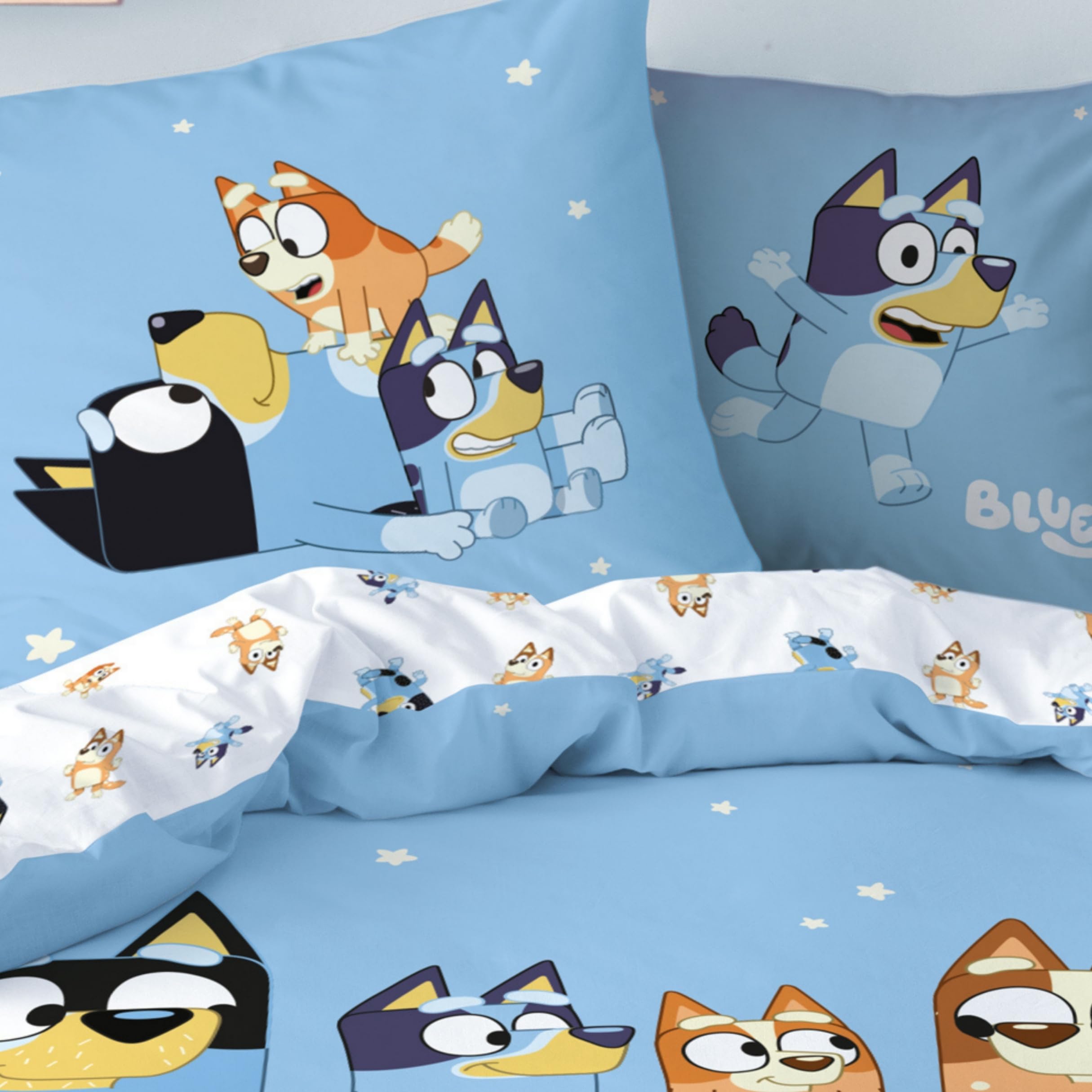 MTOnlinehandel Bluey Bettwäsche 135x200 Baumwolle für Mädchen und Jungen, Wendemotiv Kinderbettwäsche, 1x Kissenbezug 80x80 + Bettbezug 135x200, Öko Tex