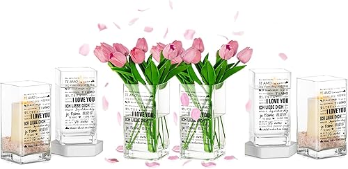 Hewory - Jarrón cuadrado de vidrio transparente para flores, 6 piezas sopladas a mano para velas flotantes de pilar, centro de mesa rectangular