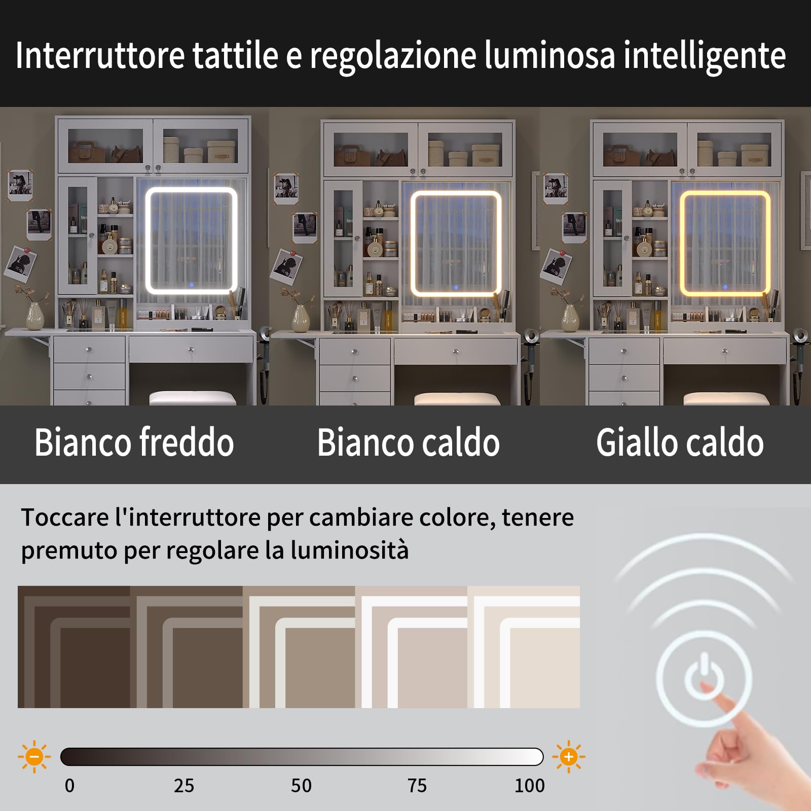 Yanosaku Tavolo da trucco con specchio, con illuminazione LED a tre colori regolabile e prese elettriche, 6 cassetti, 3 armadietti e 7 ripiani aperti, tavolo da trucco bianco con sgabello