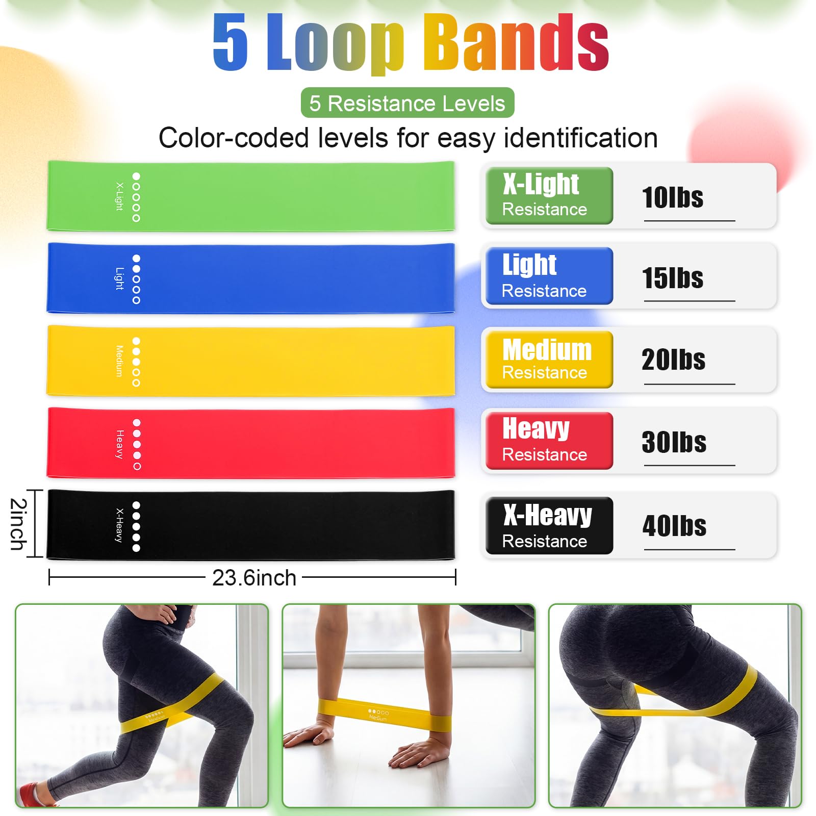 Soulchen 8 fasce elastiche di resistenza per allenamento, per allenamento, stretching, rafforzamento, gambe, glutei, braccia, attrezzature per esercizi per donne e uomini