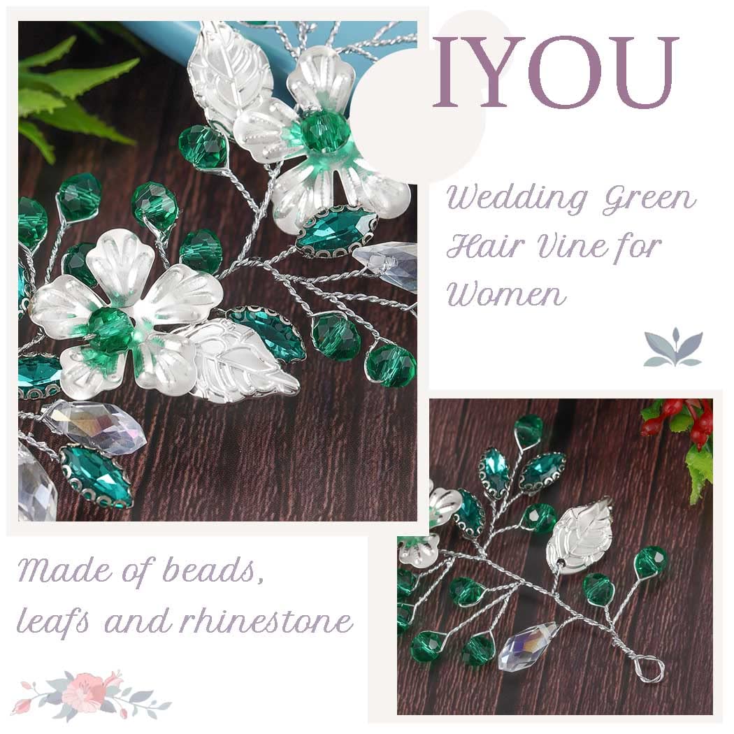 IYOU Rhinestone Bridal Hair Vine Green Flower Wedding Headband Party Bridesmaid Hair Accessories for Women - Image 3
