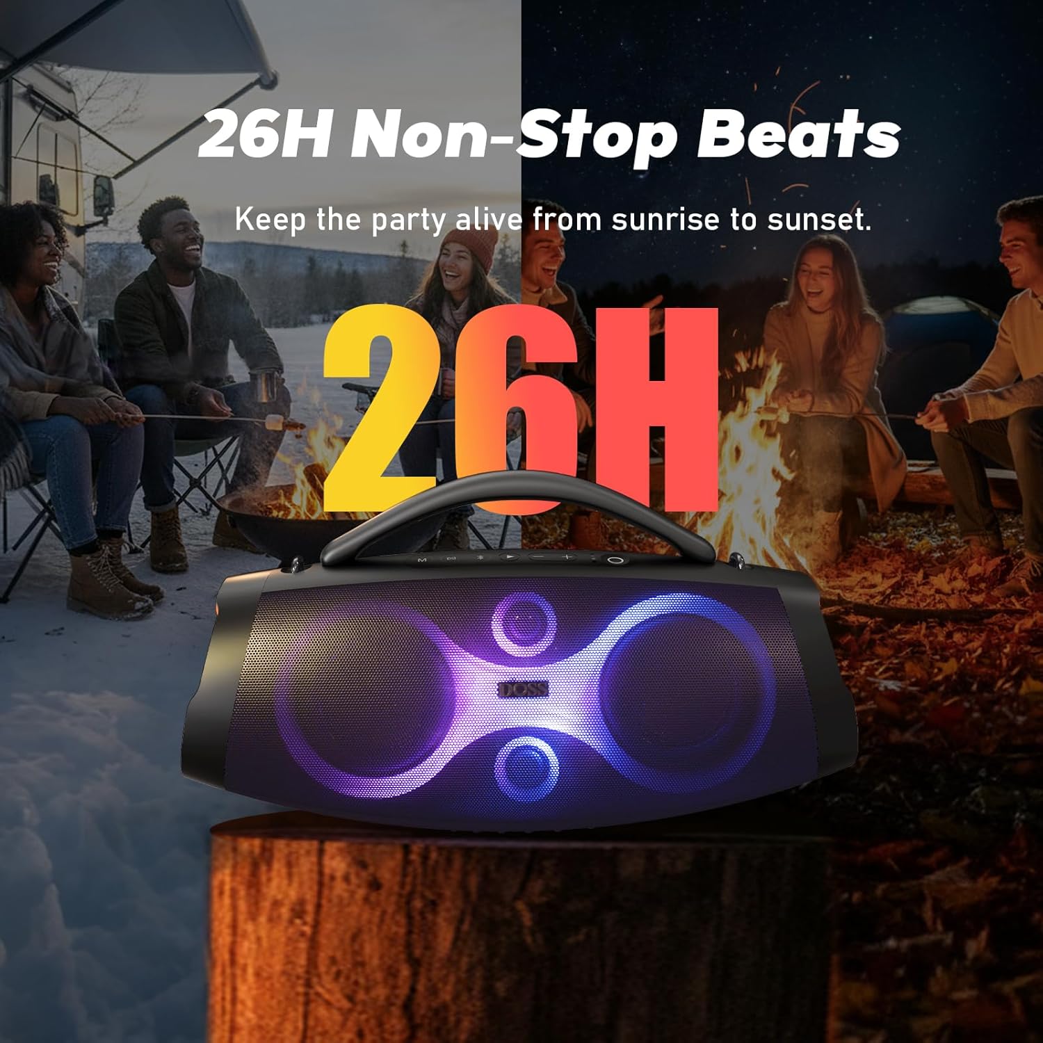 DOSS Extreme Boom Pro D200 240W Peak Outdoor Speaker, Punchy Bass, 26H Playtime, Beat-Synced Light, BT5.4, Stereo Pairing, IPX6 Waterproof for Camping, Beach, Tailgate Party-Black - Image 6