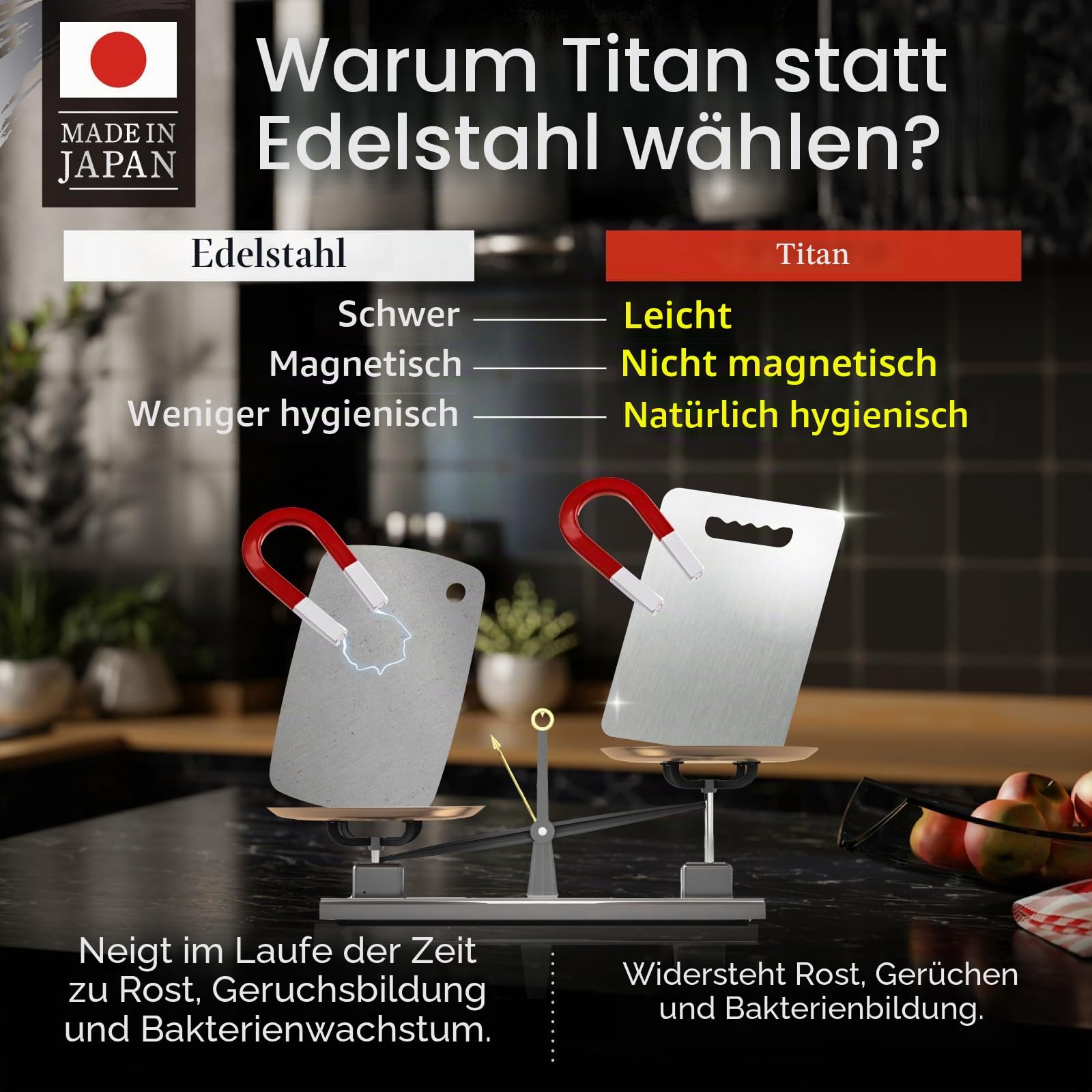 HIBINO Titan-Schneidebrett, 99,5% reines japanisches Titan, ungiftig, leicht und spülmaschinenfest, Größe L, hergestellt in Japan, mit rutschfester Matte, für Küche & Camping