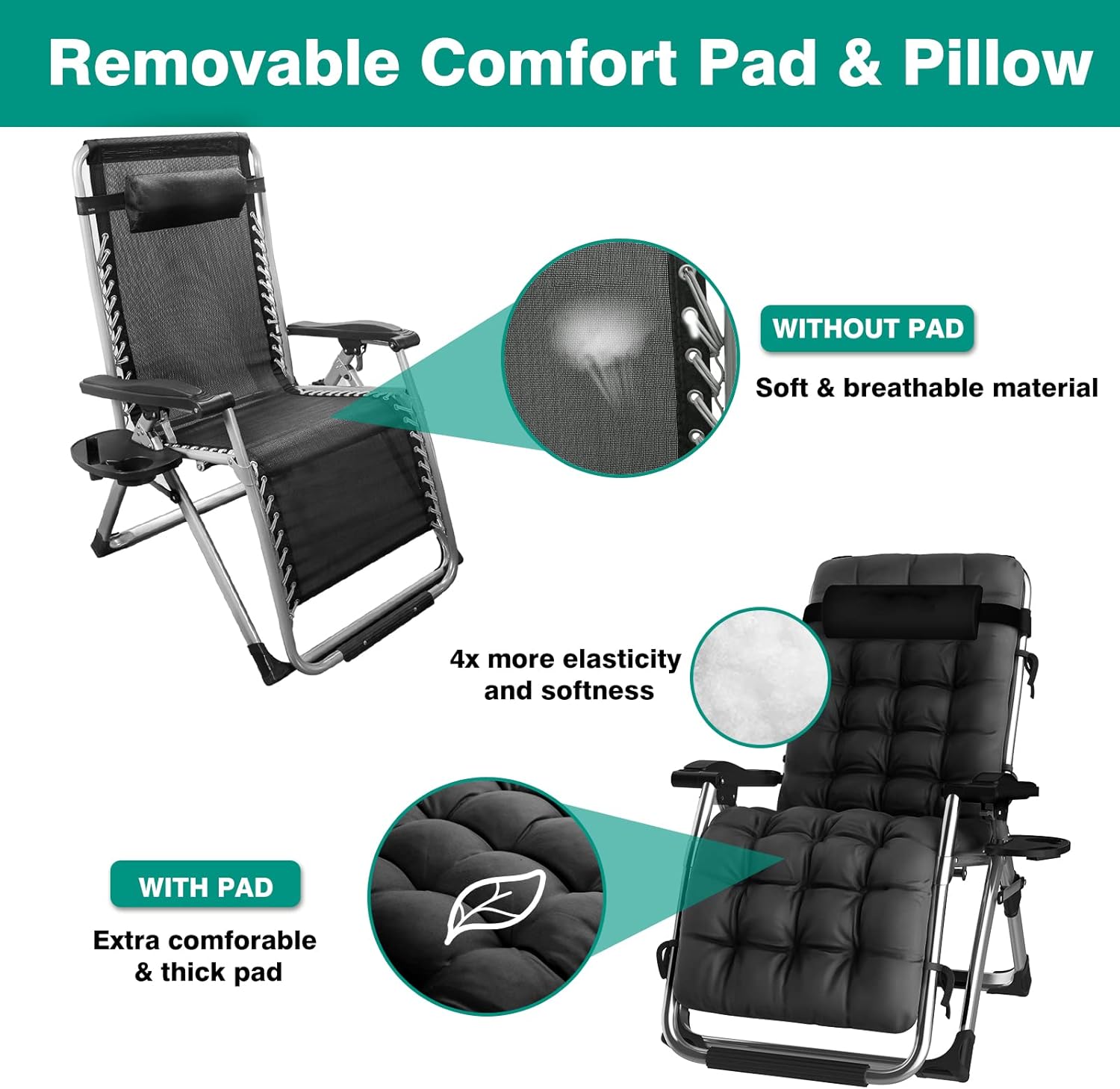 Zero Gravity Chairs,Gravity Recliner Chair for Indoor Outdoor,XL Padded Patio Lounge Chair with Headrest, Patio Lawn Lounge Chair,Upgrade Aluminum Alloy Lock, Cup Holder,Support 440lb,Black