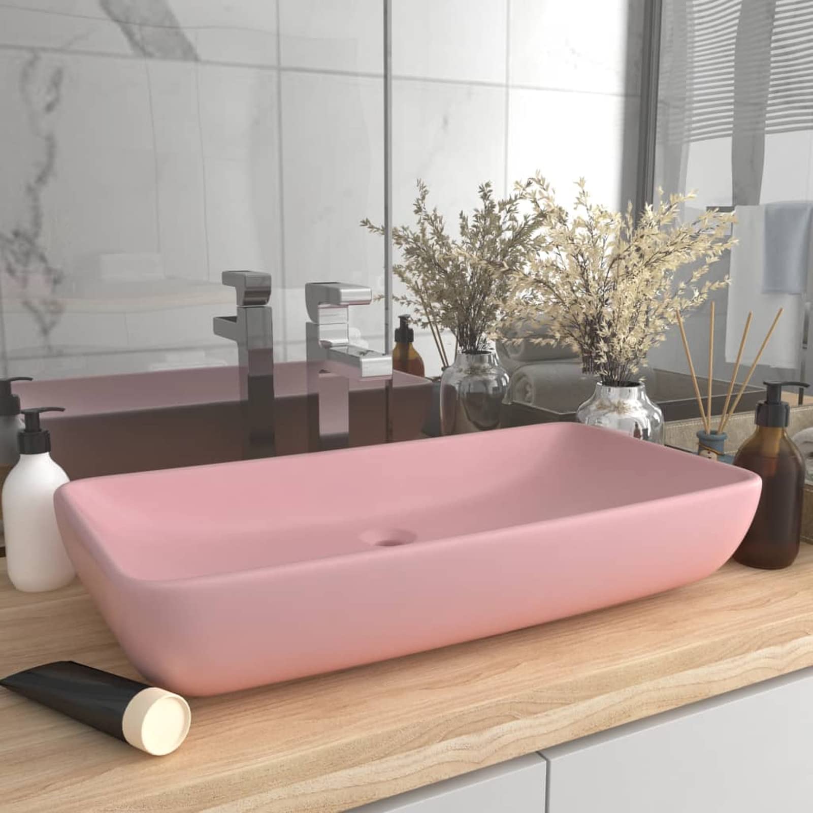 Homgoday Lavabo de lujo rectangular rosa mate 71 x 38 cm de cerámica, lavabo pequeño baño, tapón lavabo baño, lavabo, filtro lavabo baño, tapones de desagüe lavabo baño