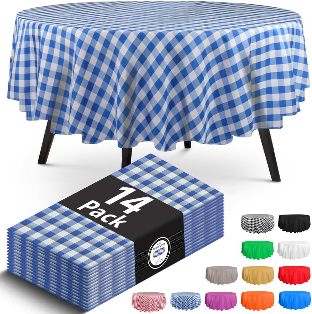 14 Pack Premium Checkered Blue Plastic Tablecloth - 84 x 84 in. Round Disposable Table Cover - Decorative Smooth Table Cloth for Parties